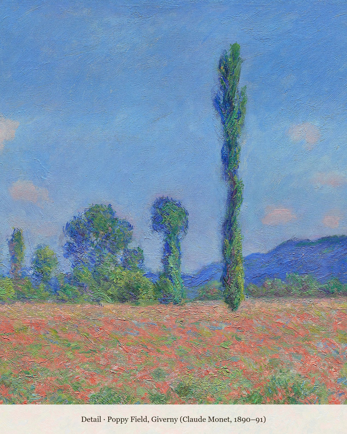 Close-up detail of Monet's Poppy Field showing red poppies and tall poplars