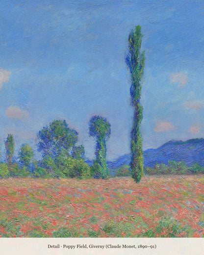 Close-up detail of Monet's Poppy Field showing red poppies and tall poplars