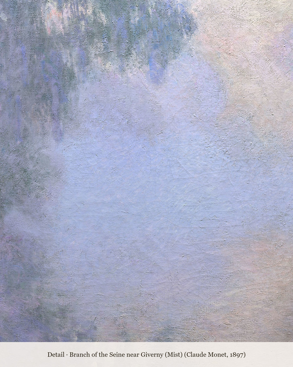 Close-up detail of Monet's Seine near Giverny showing misty trees reflected in the river