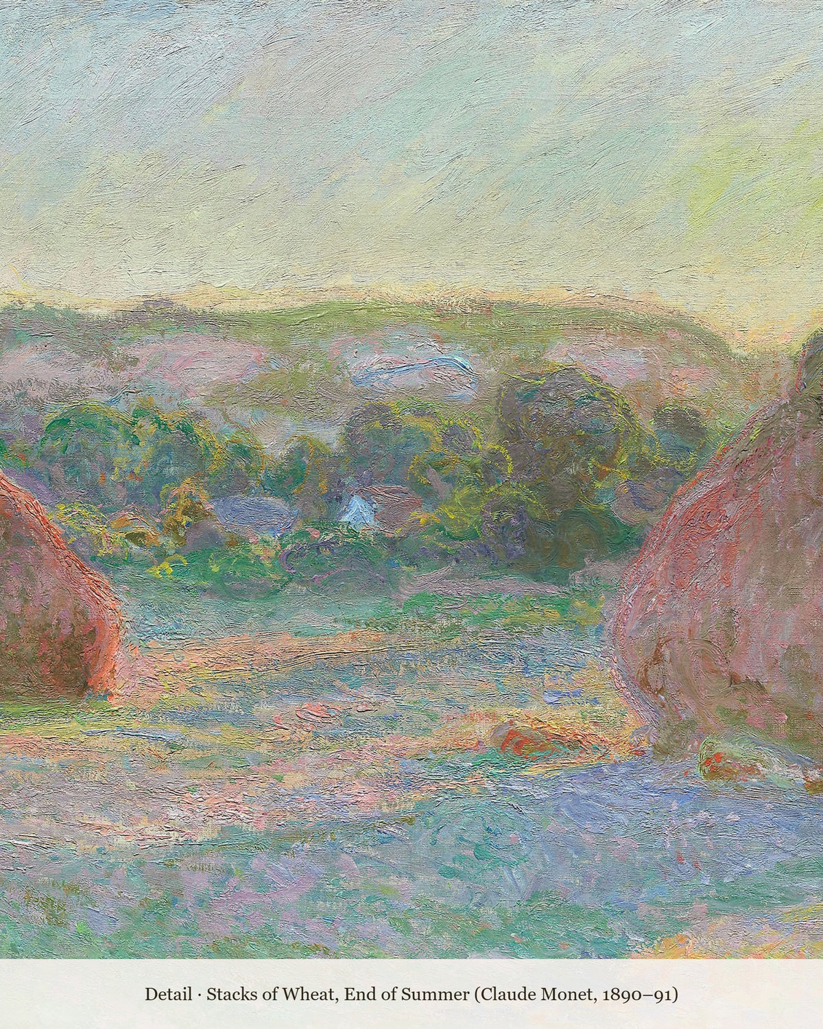 Close-up detail of Monet's Stacks of Wheat showing a golden wheatstack and field