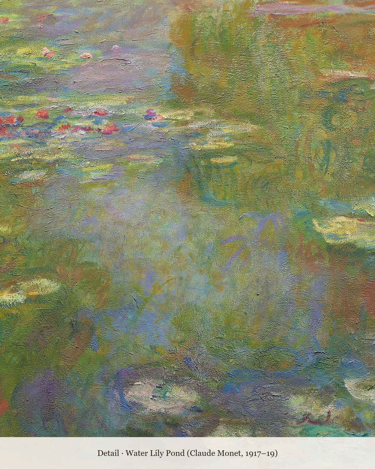 Close-up detail of Monet's Water Lily Pond showing floating lilies and reflections