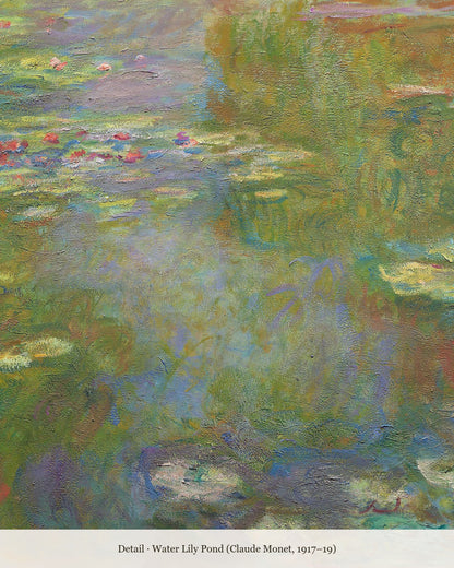 Close-up detail of Monet's Water Lily Pond showing floating lilies and reflections