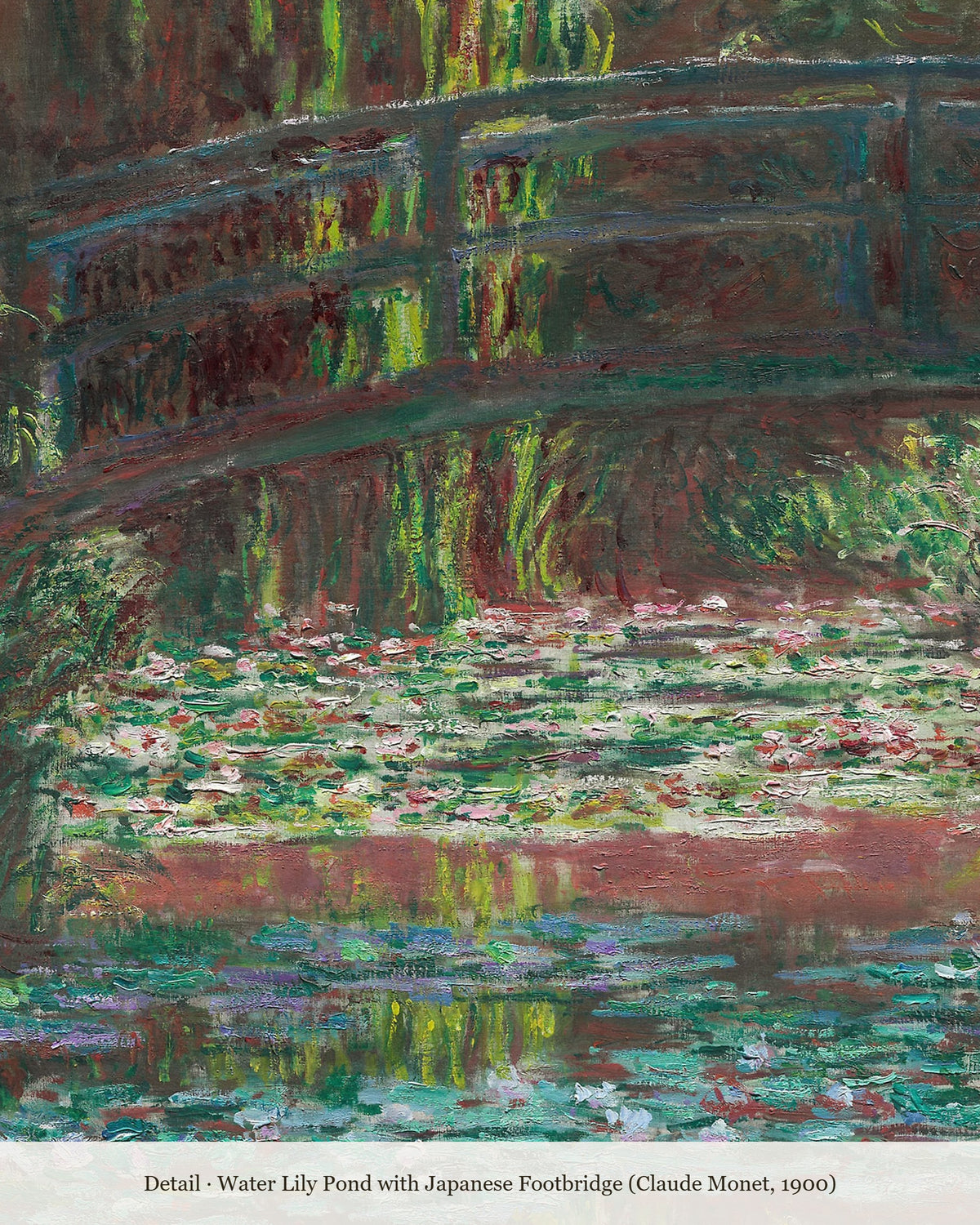 Close-up detail of Monet's Japanese footbridge over the water lily pond at Giverny