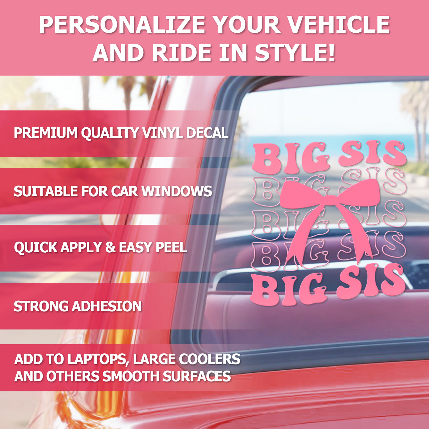 "Big Sis" Pink Bow Car Decal — Girly Vinyl Sticker
