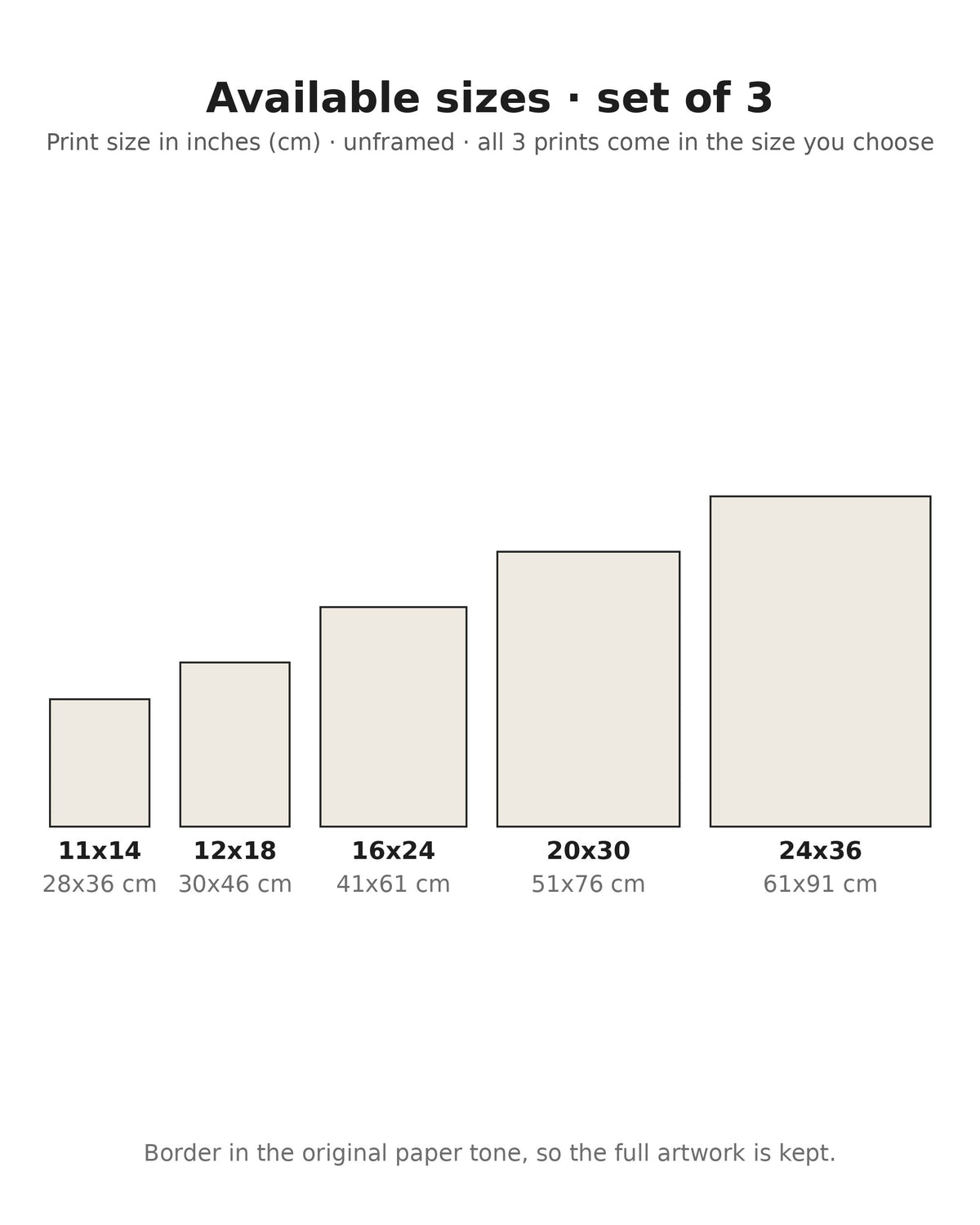 Belle Époque bar poster set of 3 size chart: 11x14, 12x18, 16x24, 20x30, 24x36