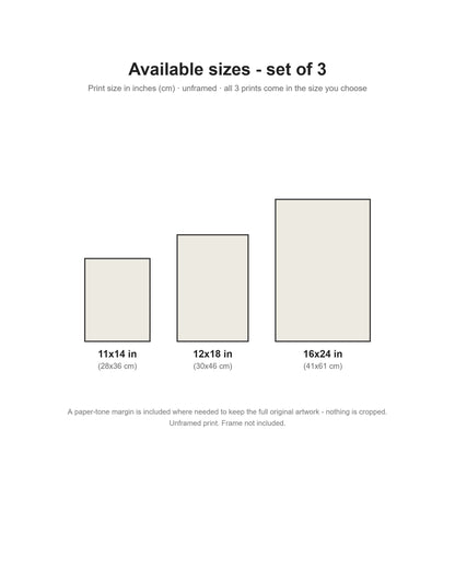 Japanese woodblock animal print set of 3 size chart: 11x14, 12x18, 16x24 inches