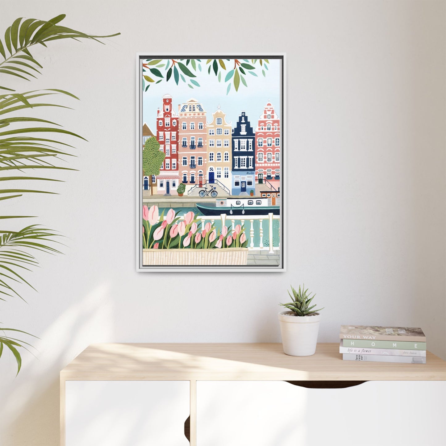 Amsterdam Framed Canvas Art, Colorful Cityscape, Vibrant Home Decor, Wall Art for Living Room, Housewarming Gift, Artistic Wall Decor, Floral Design