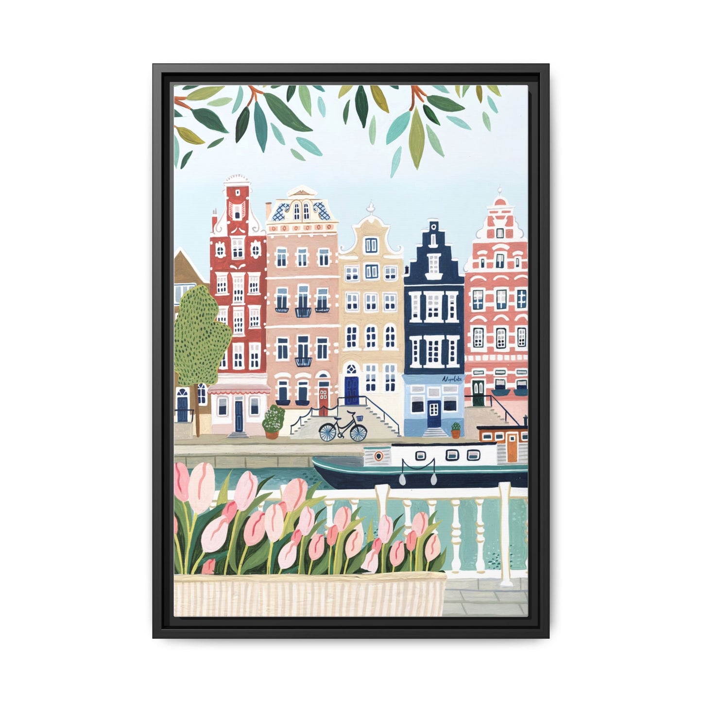 Amsterdam Framed Canvas Art, Colorful Cityscape, Vibrant Home Decor, Wall Art for Living Room, Housewarming Gift, Artistic Wall Decor, Floral Design