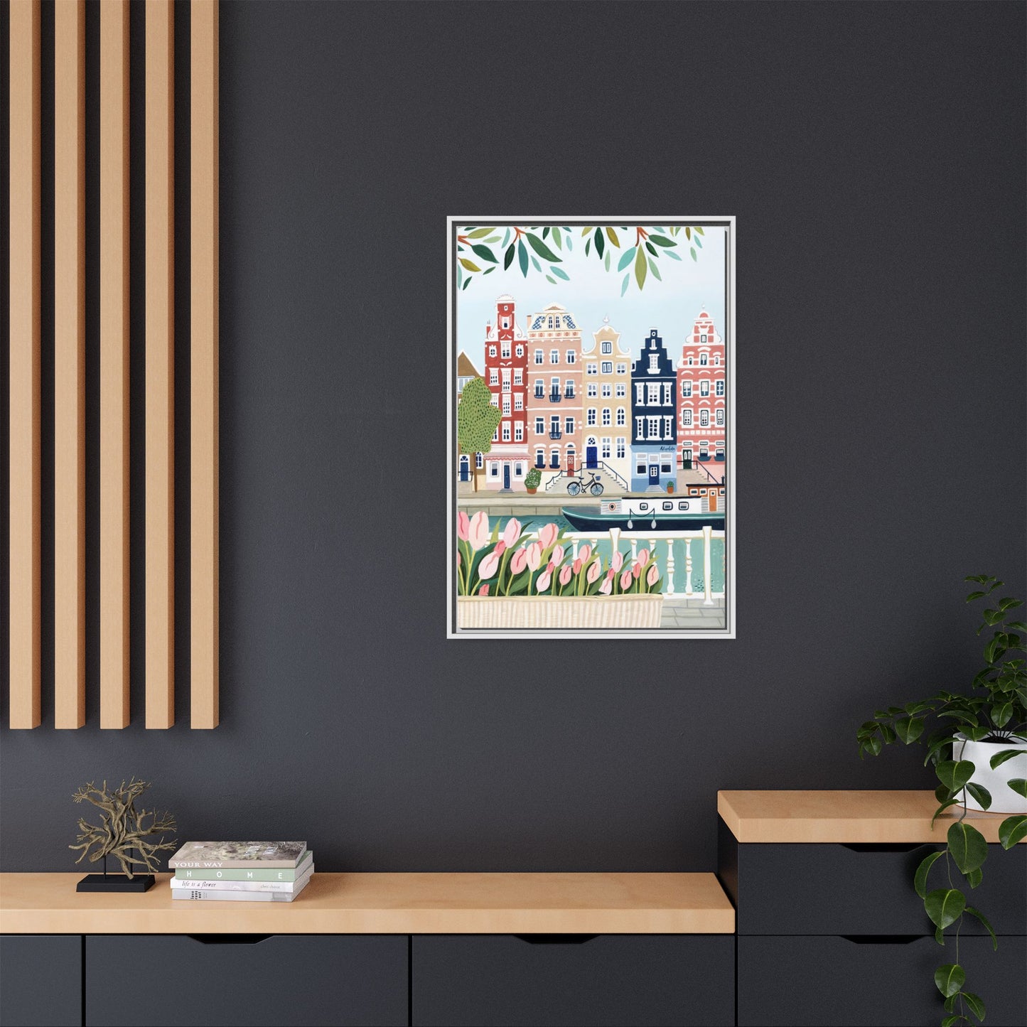 Amsterdam Framed Canvas Art, Colorful Cityscape, Vibrant Home Decor, Wall Art for Living Room, Housewarming Gift, Artistic Wall Decor, Floral Design