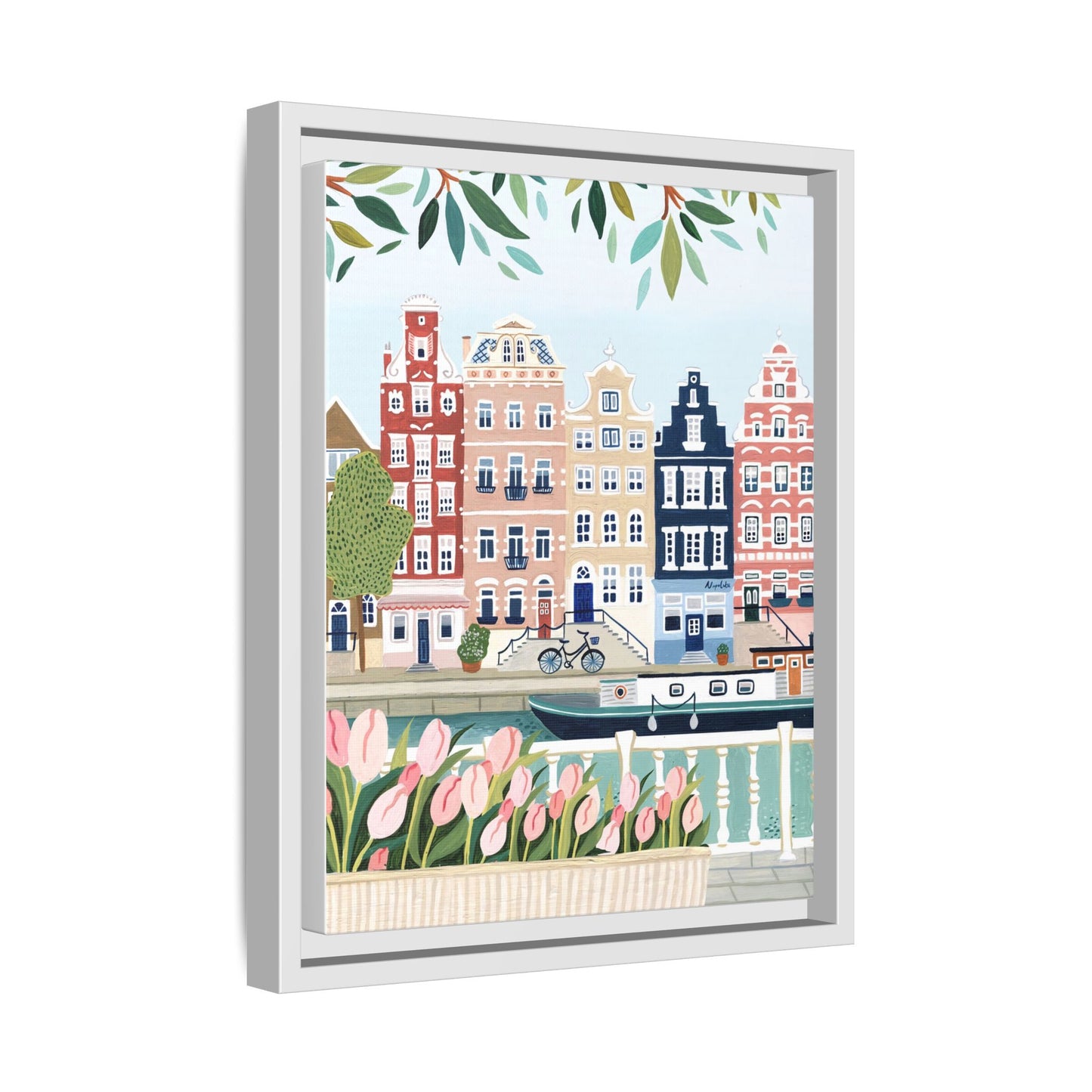 Amsterdam Framed Canvas Art, Colorful Cityscape, Vibrant Home Decor, Wall Art for Living Room, Housewarming Gift, Artistic Wall Decor, Floral Design
