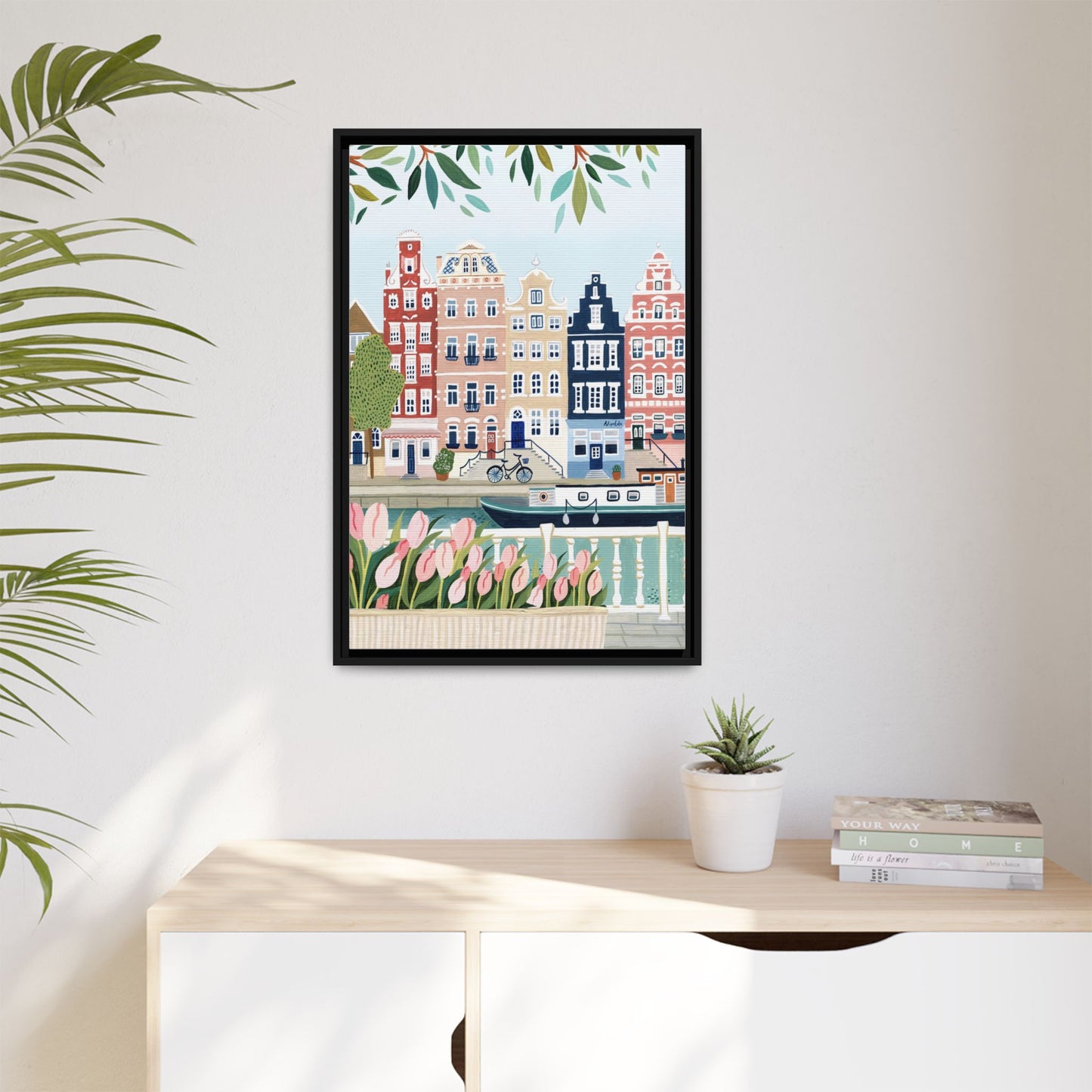 Amsterdam Framed Canvas Art, Colorful Cityscape, Vibrant Home Decor, Wall Art for Living Room, Housewarming Gift, Artistic Wall Decor, Floral Design