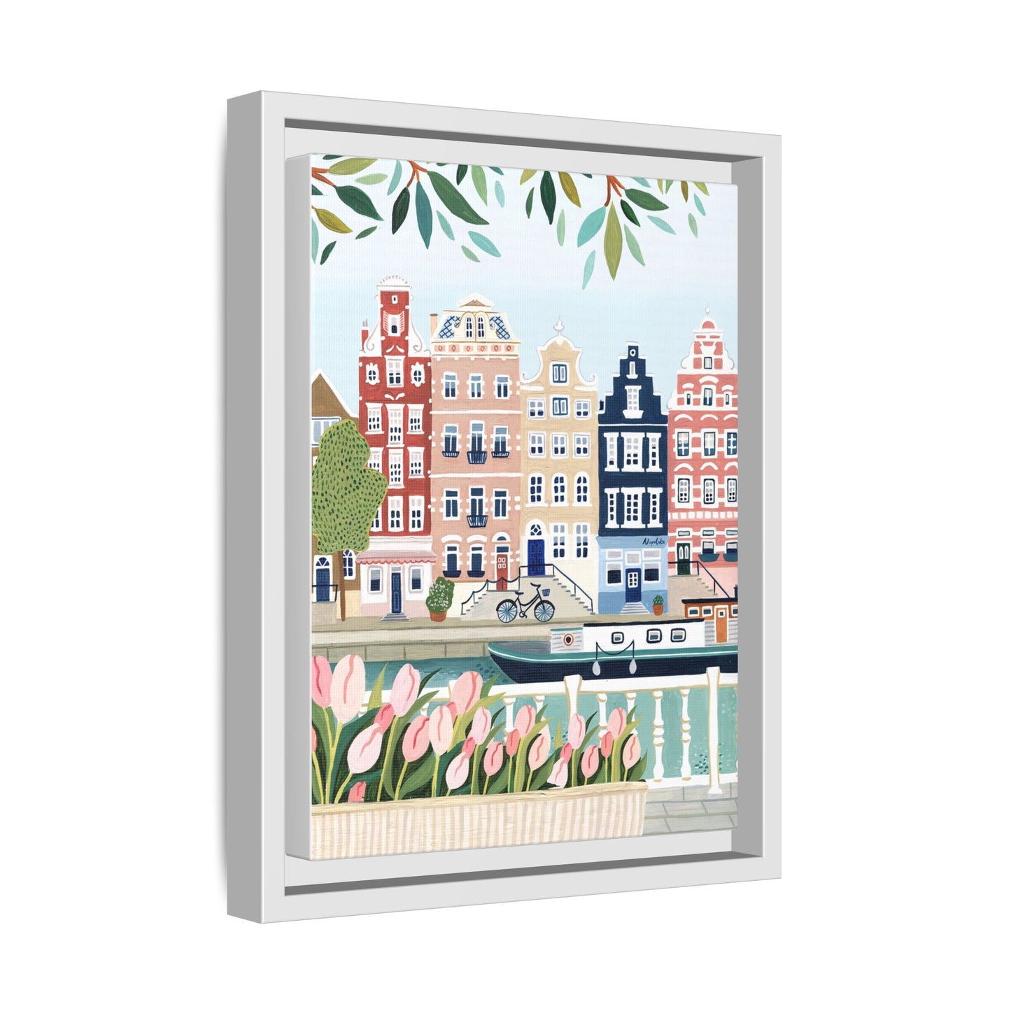 Amsterdam Framed Canvas Art, Colorful Cityscape, Vibrant Home Decor, Wall Art for Living Room, Housewarming Gift, Artistic Wall Decor, Floral Design