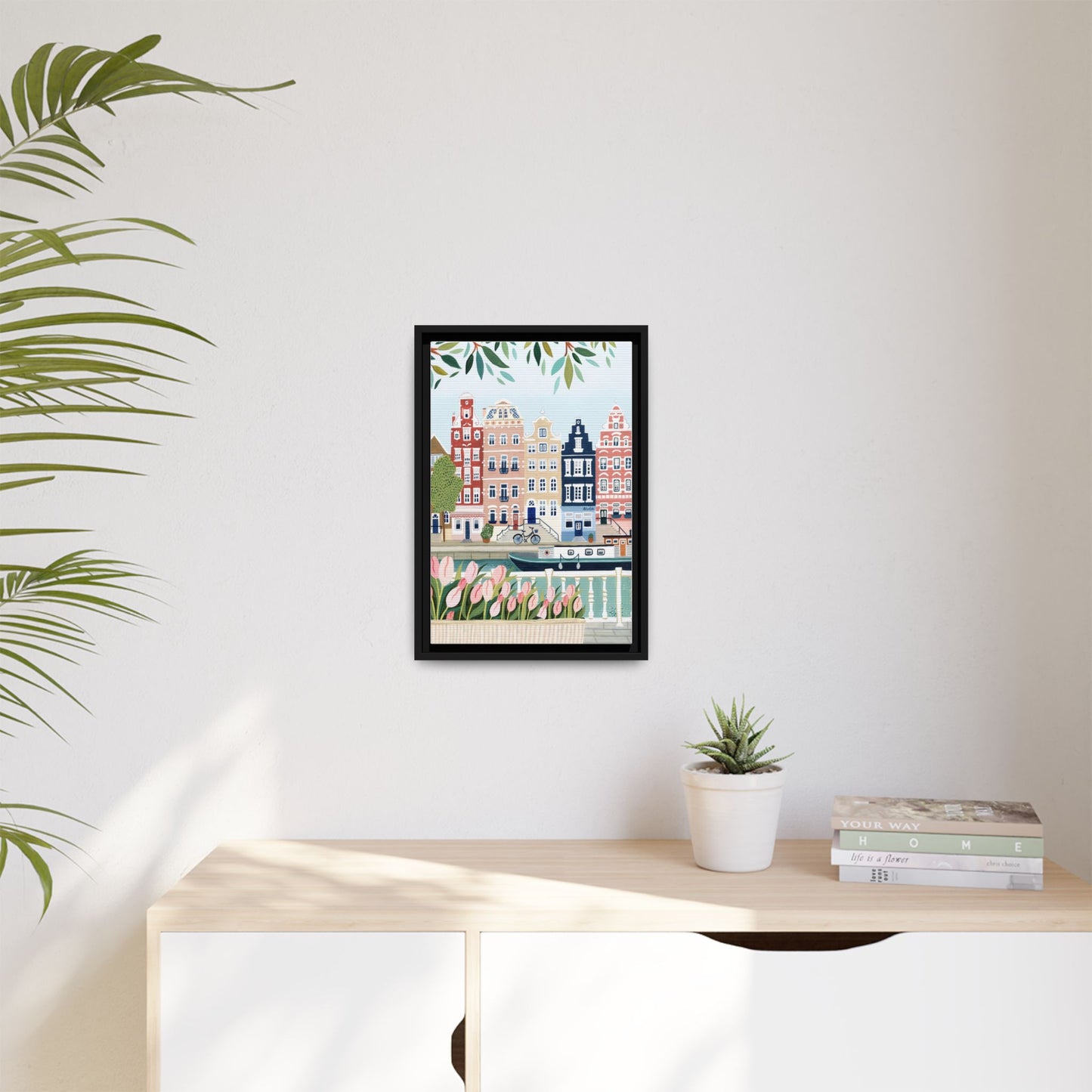 Amsterdam Framed Canvas Art, Colorful Cityscape, Vibrant Home Decor, Wall Art for Living Room, Housewarming Gift, Artistic Wall Decor, Floral Design