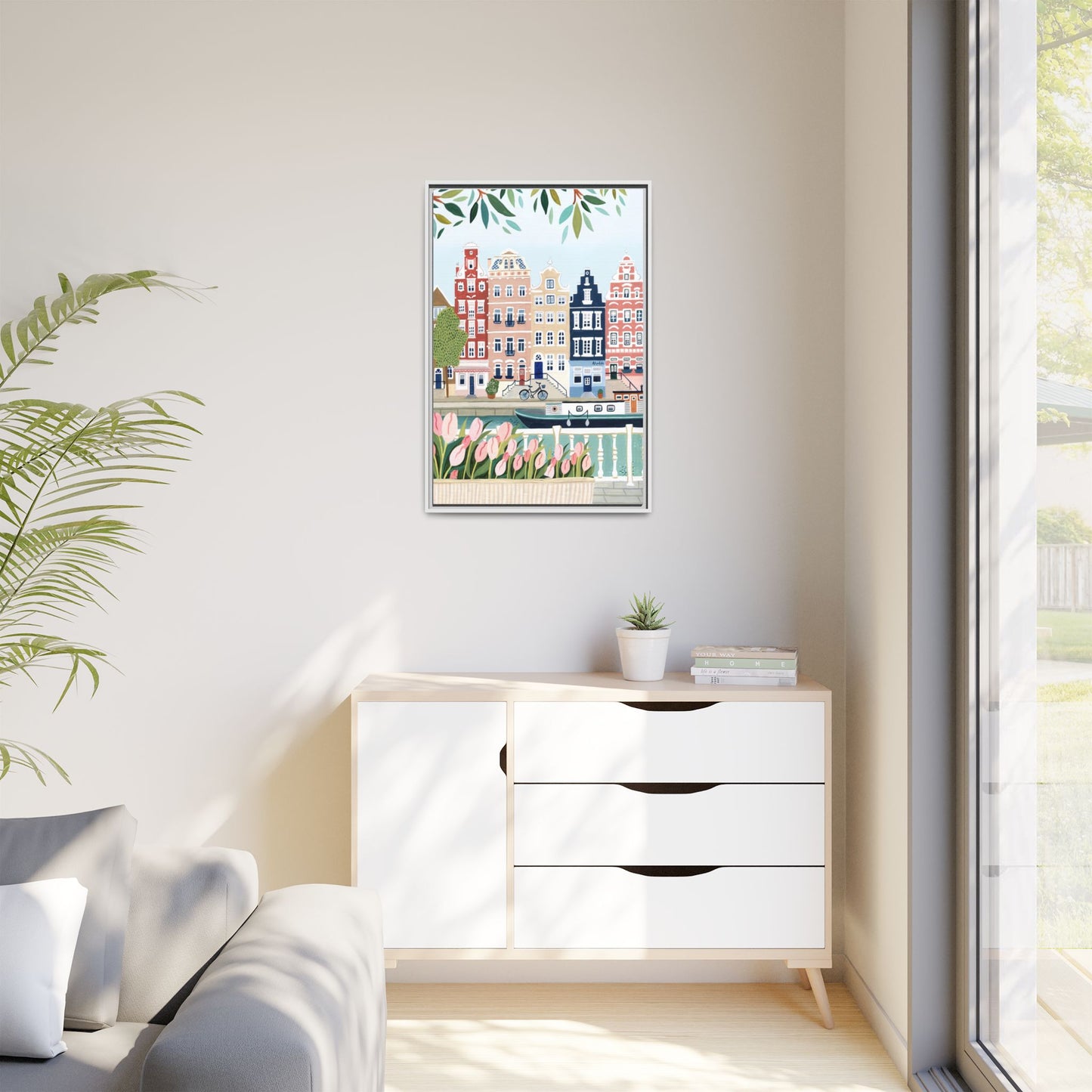 Amsterdam Framed Canvas Art, Colorful Cityscape, Vibrant Home Decor, Wall Art for Living Room, Housewarming Gift, Artistic Wall Decor, Floral Design
