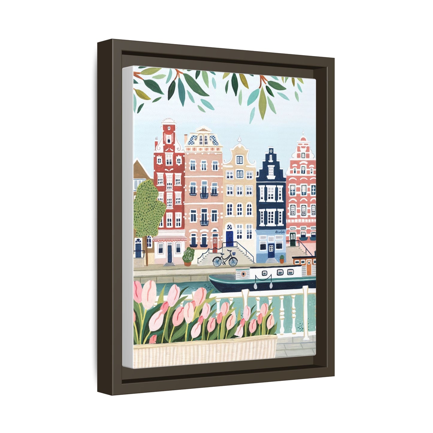 Amsterdam Framed Canvas Art, Colorful Cityscape, Vibrant Home Decor, Wall Art for Living Room, Housewarming Gift, Artistic Wall Decor, Floral Design