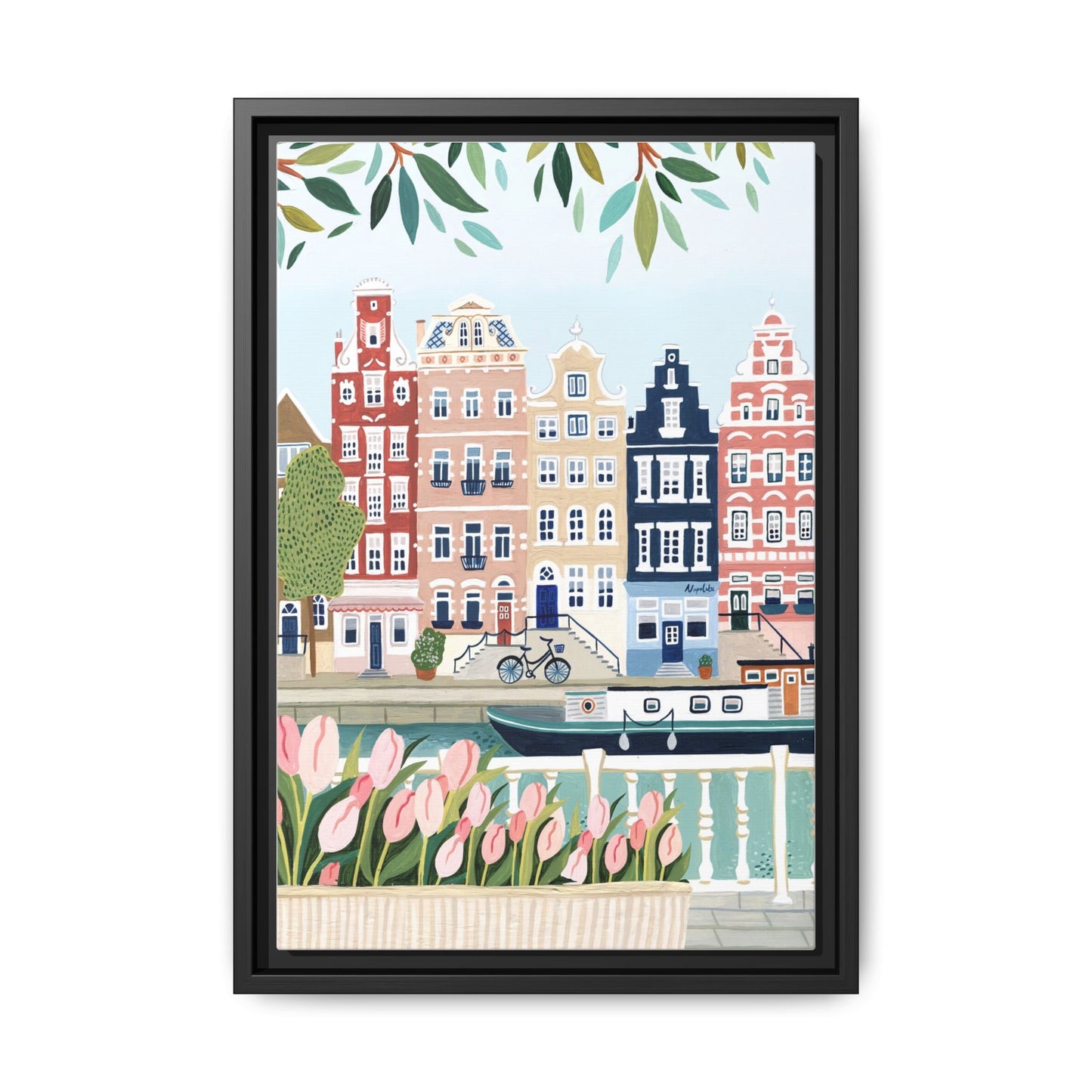 Amsterdam Framed Canvas Art, Colorful Cityscape, Vibrant Home Decor, Wall Art for Living Room, Housewarming Gift, Artistic Wall Decor, Floral Design