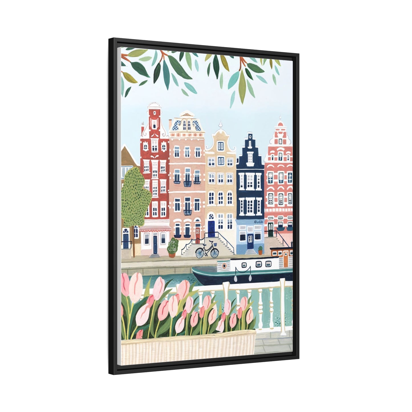 Amsterdam Framed Canvas Art, Colorful Cityscape, Vibrant Home Decor, Wall Art for Living Room, Housewarming Gift, Artistic Wall Decor, Floral Design