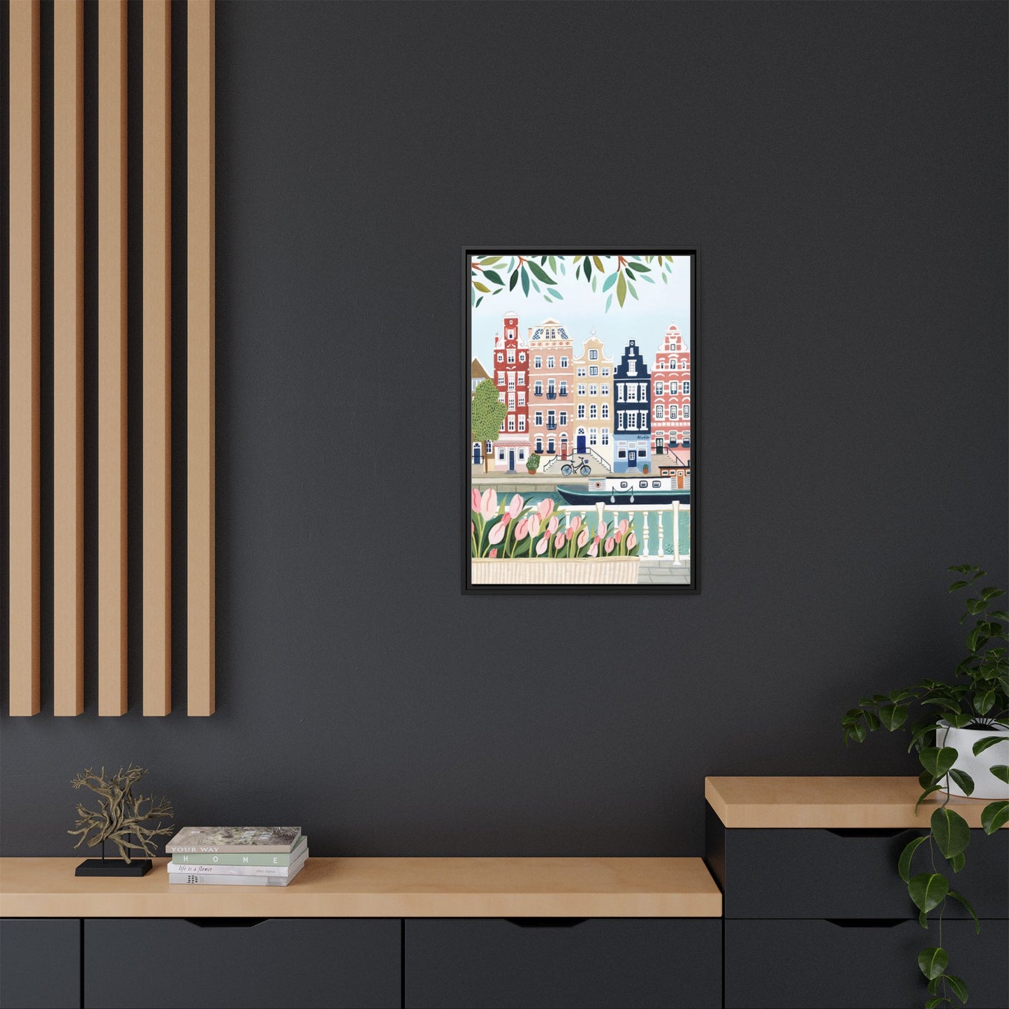 Amsterdam Framed Canvas Art, Colorful Cityscape, Vibrant Home Decor, Wall Art for Living Room, Housewarming Gift, Artistic Wall Decor, Floral Design
