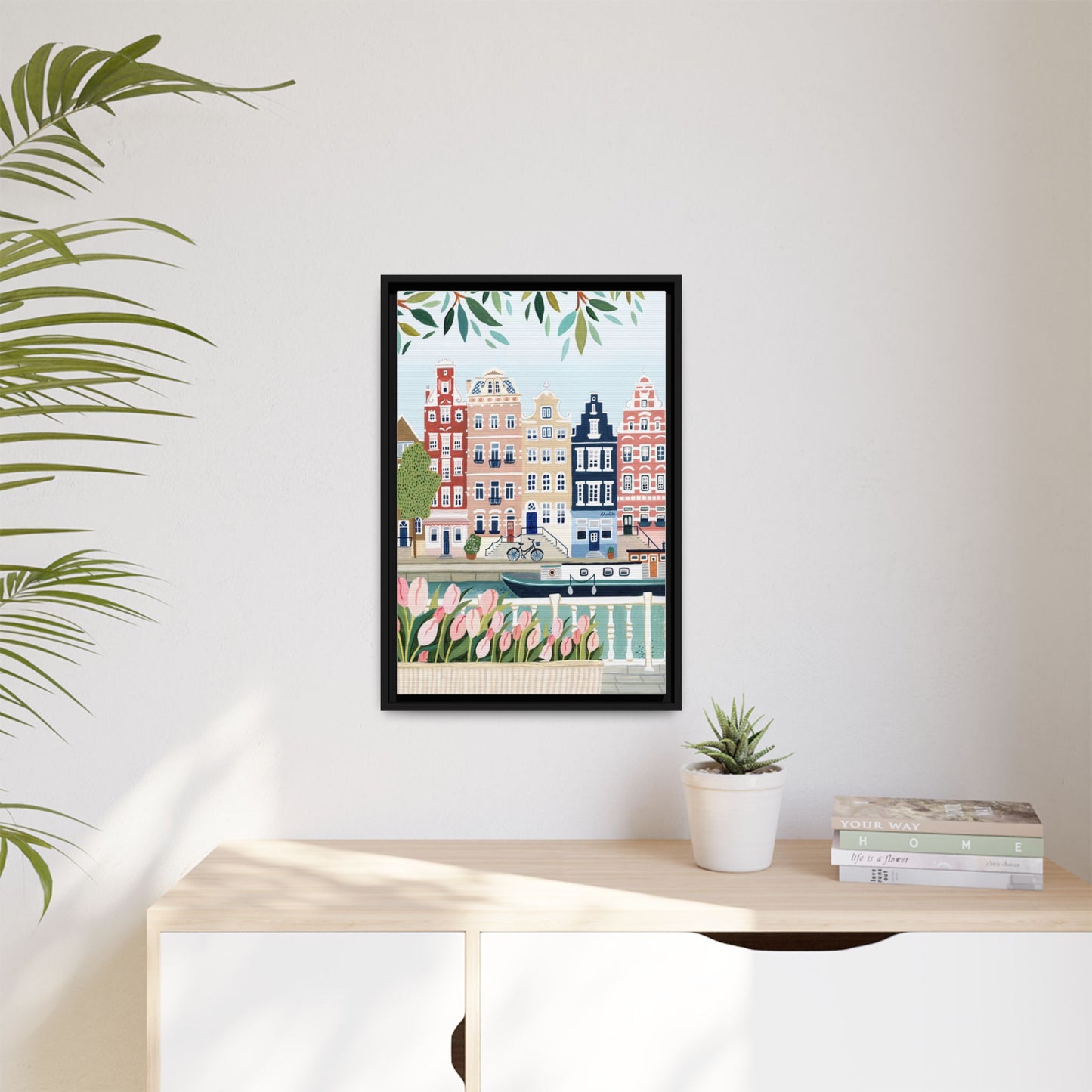 Amsterdam Framed Canvas Art, Colorful Cityscape, Vibrant Home Decor, Wall Art for Living Room, Housewarming Gift, Artistic Wall Decor, Floral Design