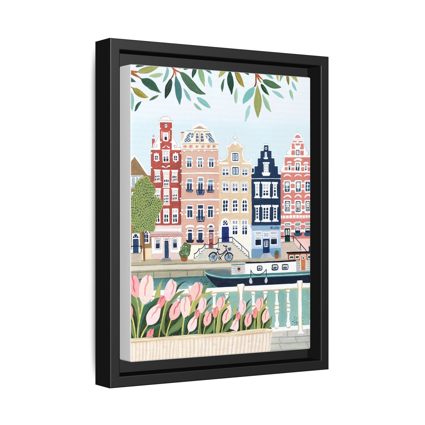 Amsterdam Framed Canvas Art, Colorful Cityscape, Vibrant Home Decor, Wall Art for Living Room, Housewarming Gift, Artistic Wall Decor, Floral Design