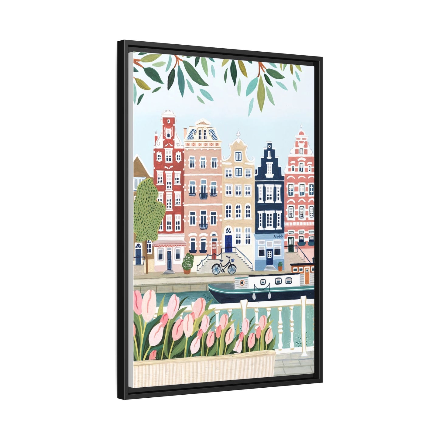 Amsterdam Framed Canvas Art, Colorful Cityscape, Vibrant Home Decor, Wall Art for Living Room, Housewarming Gift, Artistic Wall Decor, Floral Design