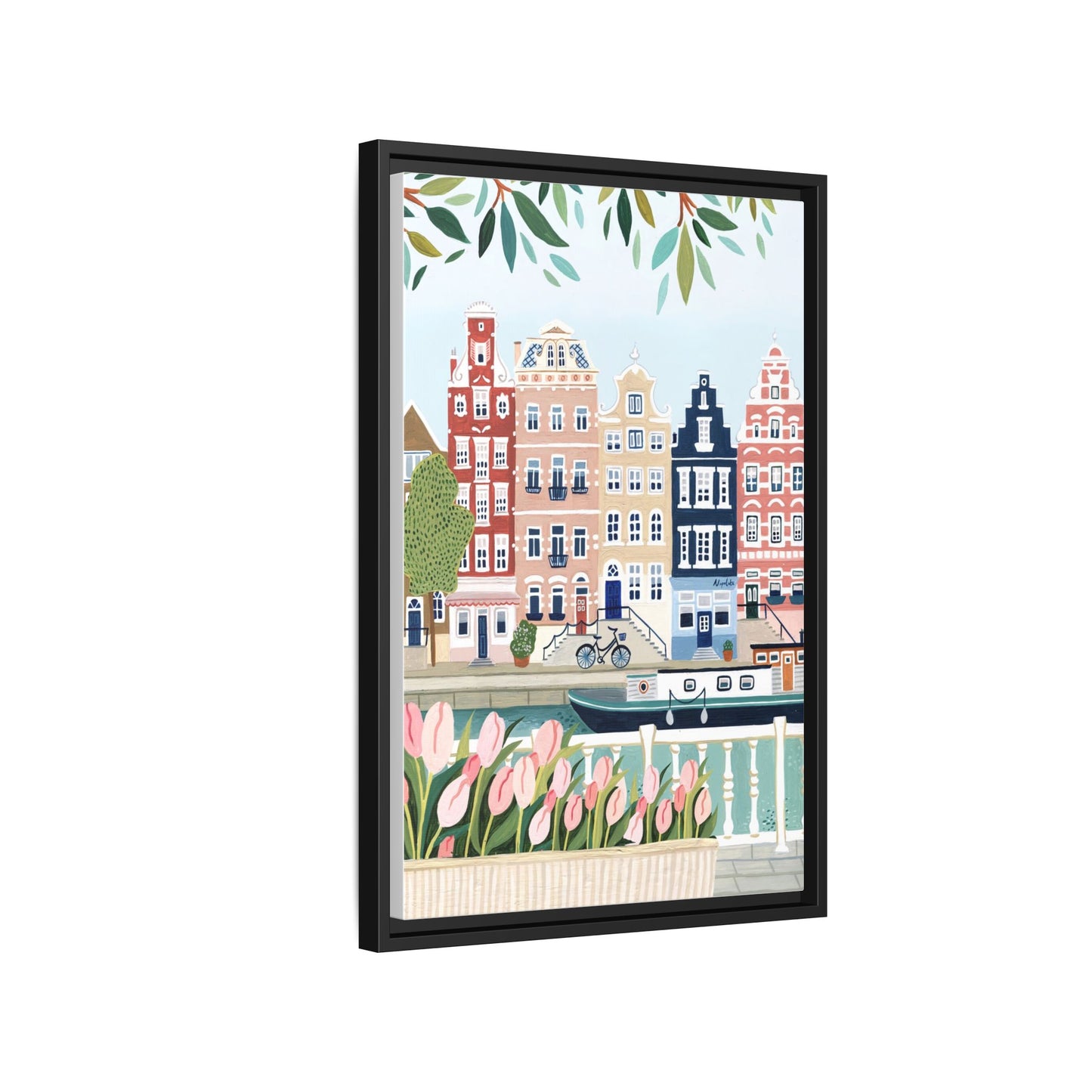 Amsterdam Framed Canvas Art, Colorful Cityscape, Vibrant Home Decor, Wall Art for Living Room, Housewarming Gift, Artistic Wall Decor, Floral Design