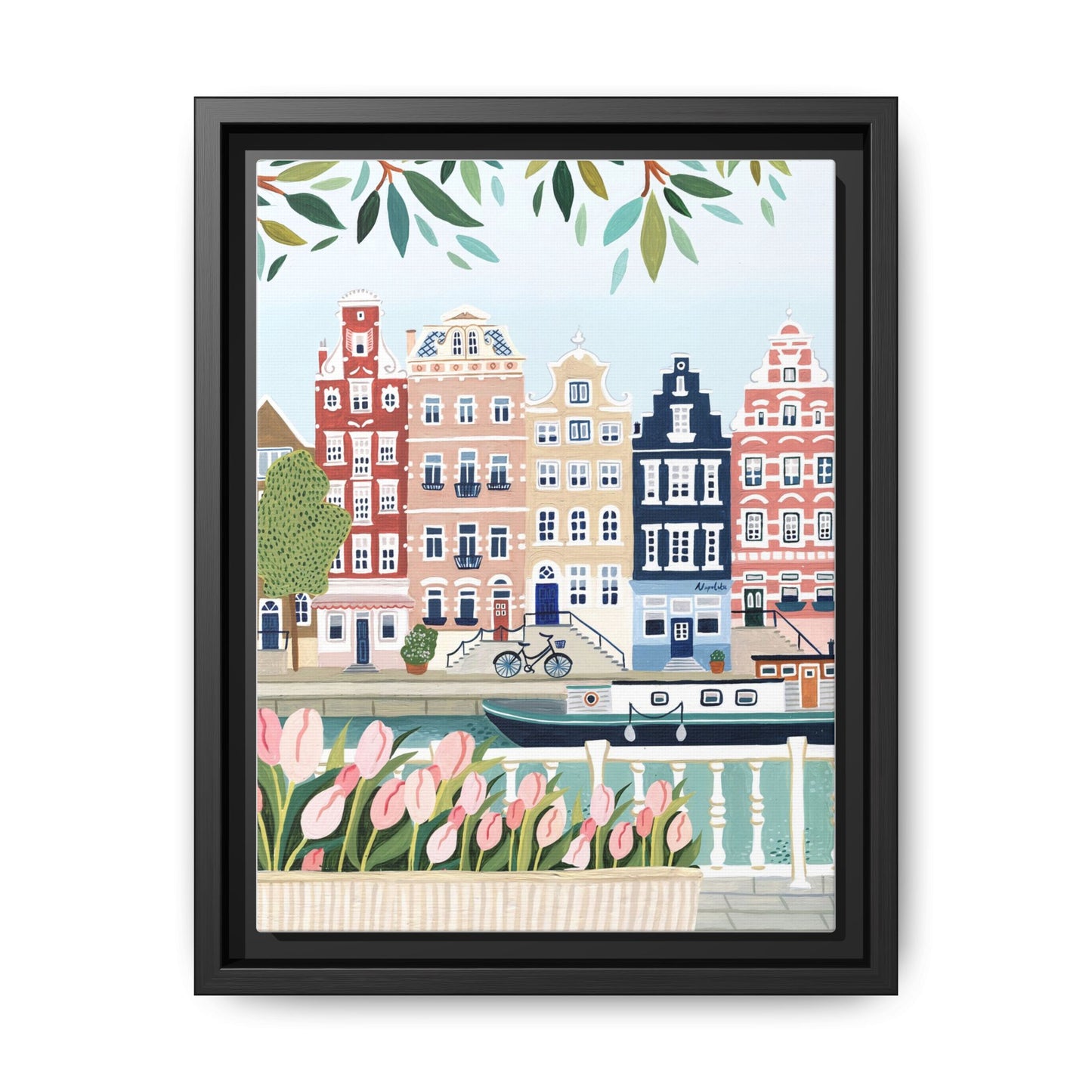 Amsterdam Framed Canvas Art, Colorful Cityscape, Vibrant Home Decor, Wall Art for Living Room, Housewarming Gift, Artistic Wall Decor, Floral Design