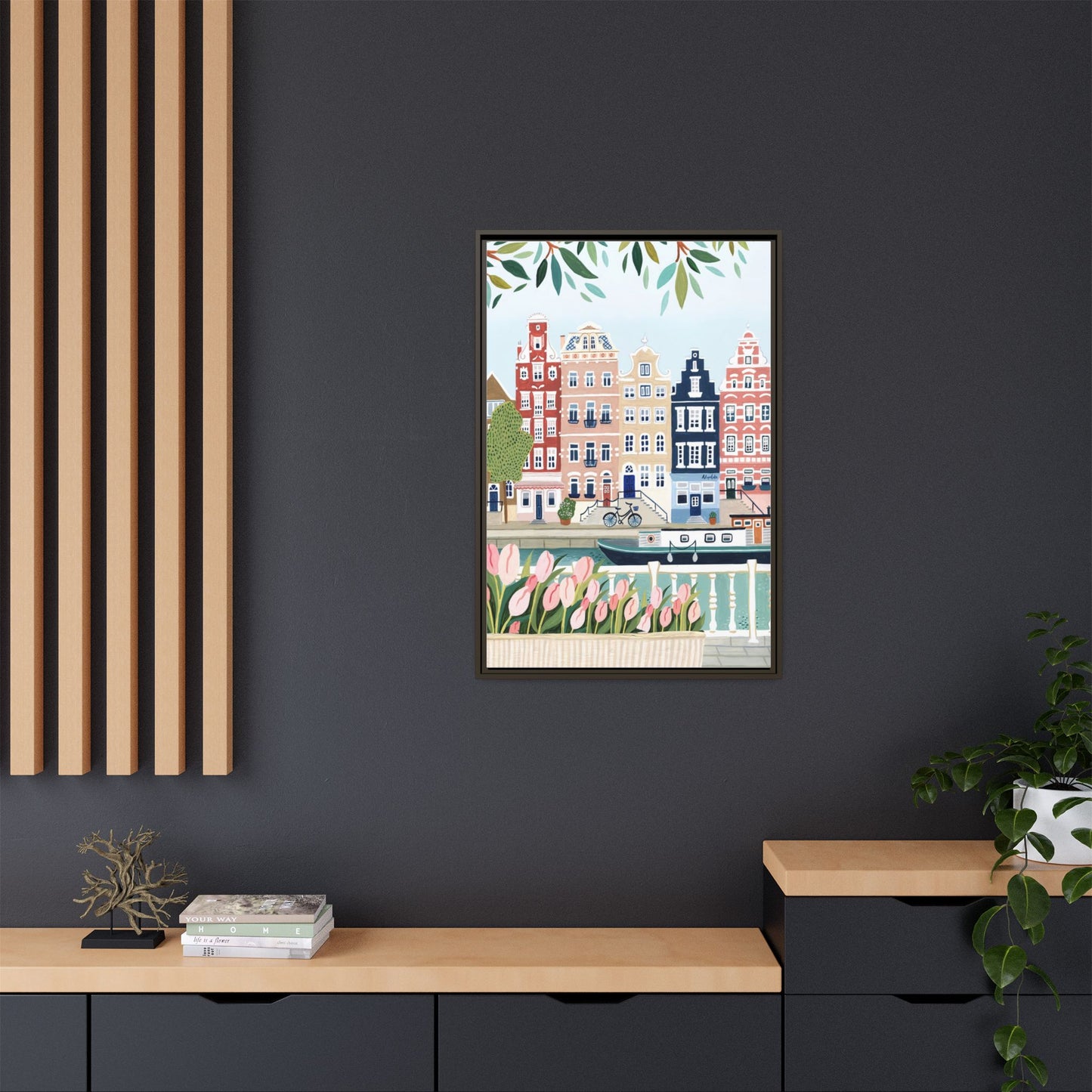 Amsterdam Framed Canvas Art, Colorful Cityscape, Vibrant Home Decor, Wall Art for Living Room, Housewarming Gift, Artistic Wall Decor, Floral Design