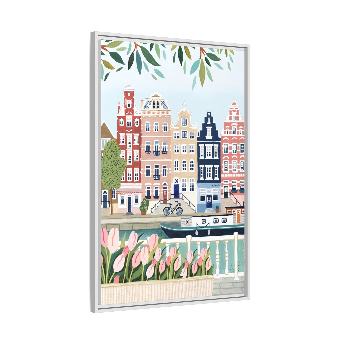 Amsterdam Framed Canvas Art, Colorful Cityscape, Vibrant Home Decor, Wall Art for Living Room, Housewarming Gift, Artistic Wall Decor, Floral Design