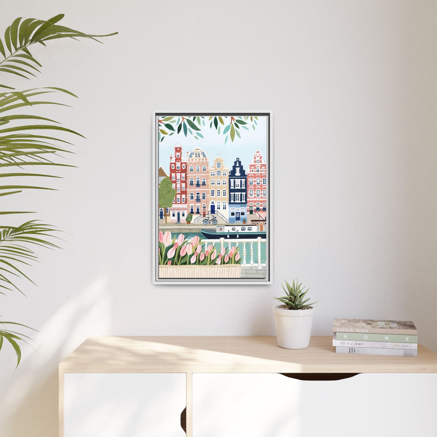 Amsterdam Framed Canvas Art, Colorful Cityscape, Vibrant Home Decor, Wall Art for Living Room, Housewarming Gift, Artistic Wall Decor, Floral Design