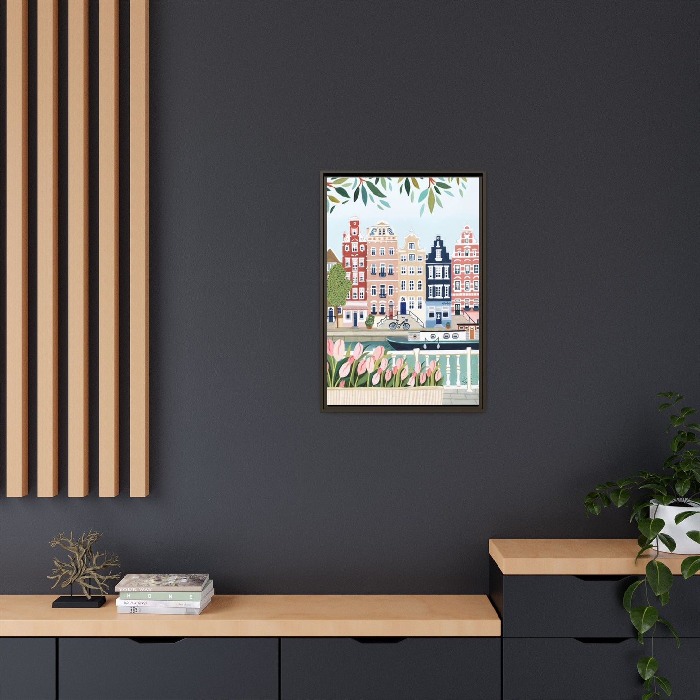 Amsterdam Framed Canvas Art, Colorful Cityscape, Vibrant Home Decor, Wall Art for Living Room, Housewarming Gift, Artistic Wall Decor, Floral Design