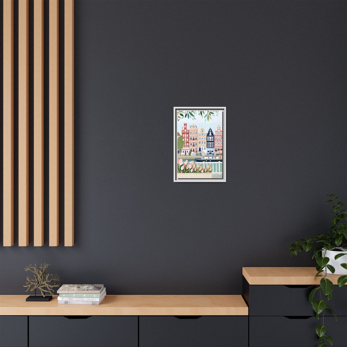 Amsterdam Framed Canvas Art, Colorful Cityscape, Vibrant Home Decor, Wall Art for Living Room, Housewarming Gift, Artistic Wall Decor, Floral Design