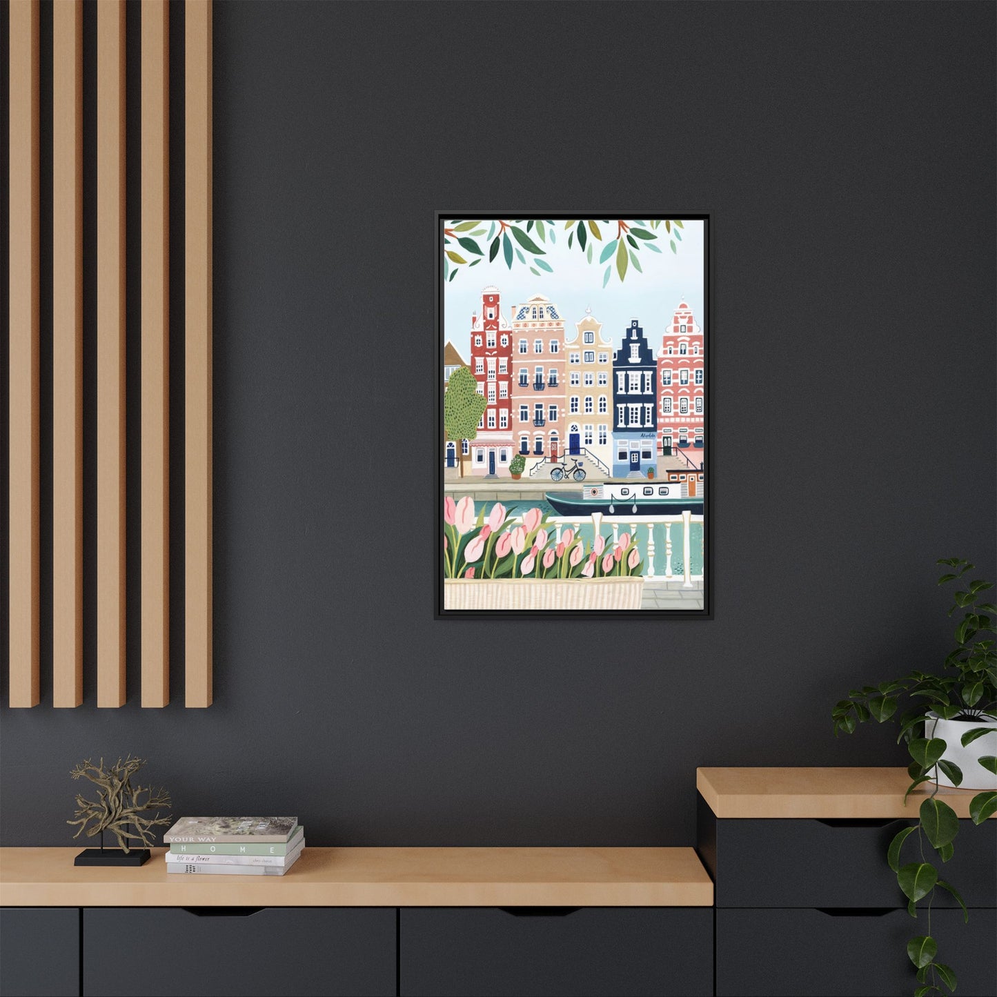 Amsterdam Framed Canvas Art, Colorful Cityscape, Vibrant Home Decor, Wall Art for Living Room, Housewarming Gift, Artistic Wall Decor, Floral Design