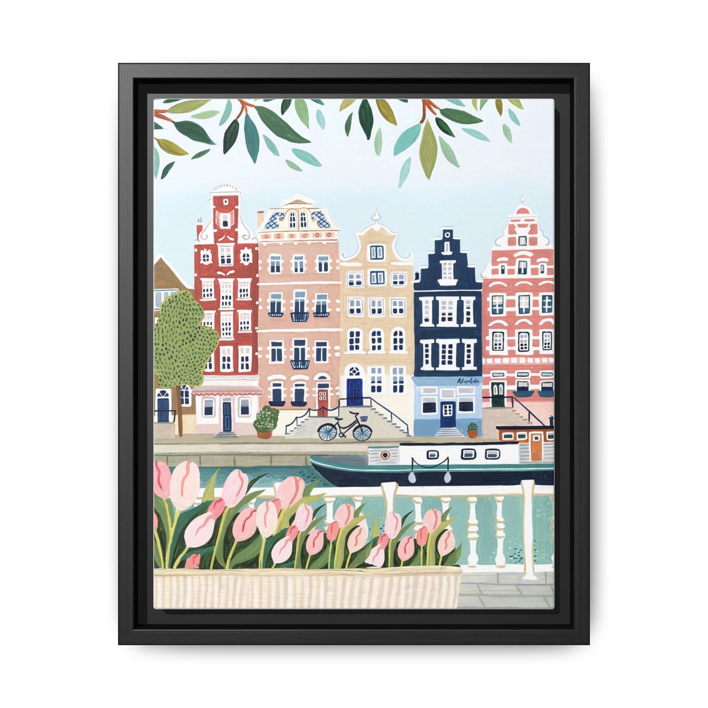 Amsterdam Framed Canvas Art, Colorful Cityscape, Vibrant Home Decor, Wall Art for Living Room, Housewarming Gift, Artistic Wall Decor, Floral Design