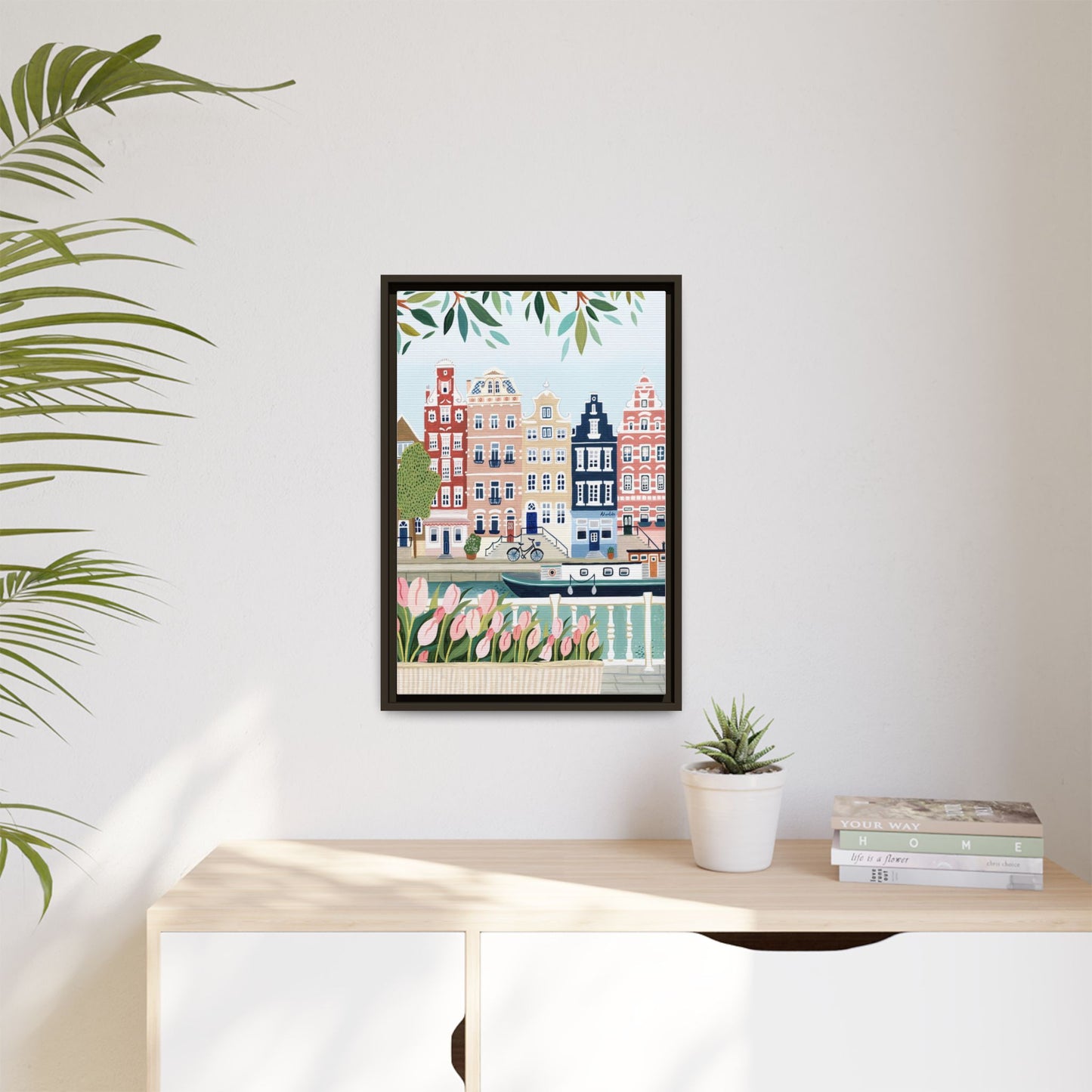Amsterdam Framed Canvas Art, Colorful Cityscape, Vibrant Home Decor, Wall Art for Living Room, Housewarming Gift, Artistic Wall Decor, Floral Design