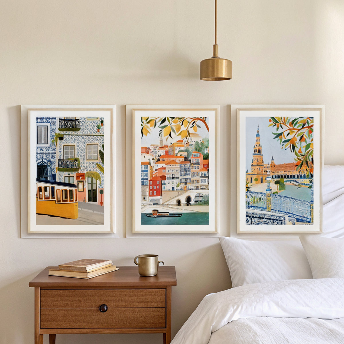 Lisbon Porto Seville prints above a bed in a calm bedroom