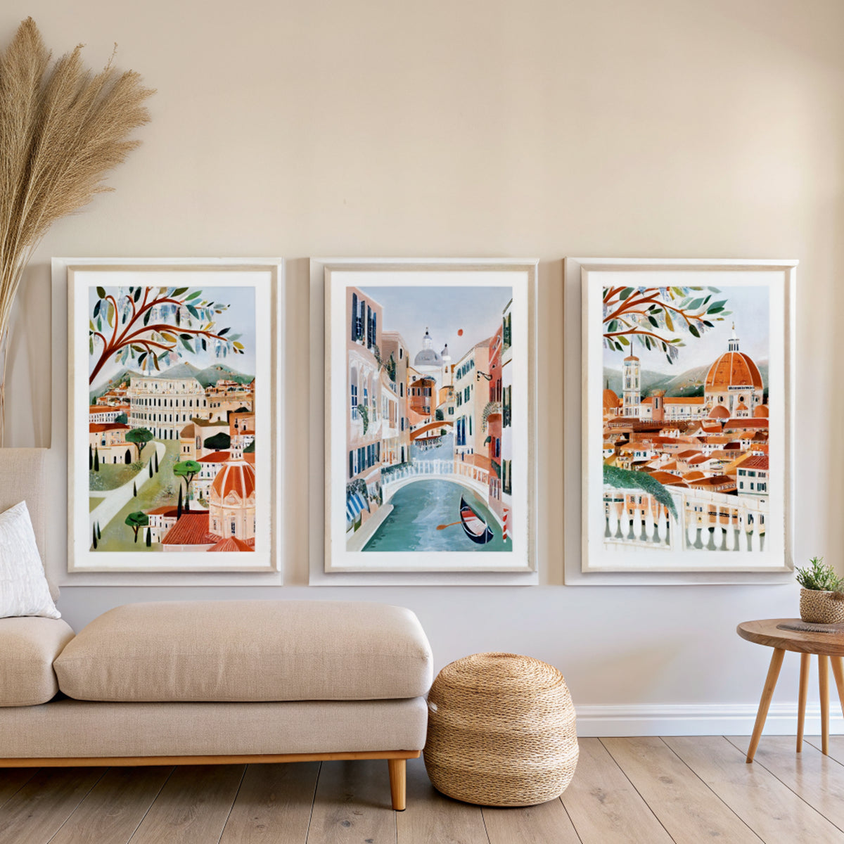 Italy gallery wall set of 3 hung above a linen sofa in a bright living room