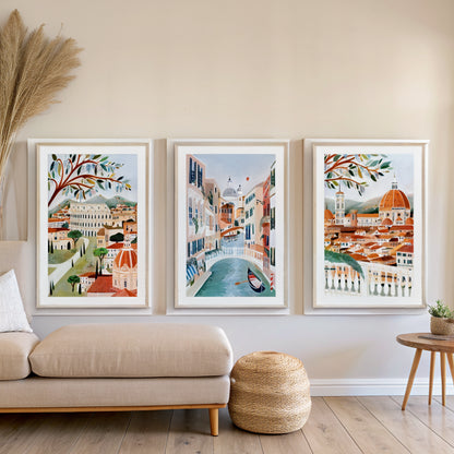 Italy gallery wall set of 3 hung above a linen sofa in a bright living room