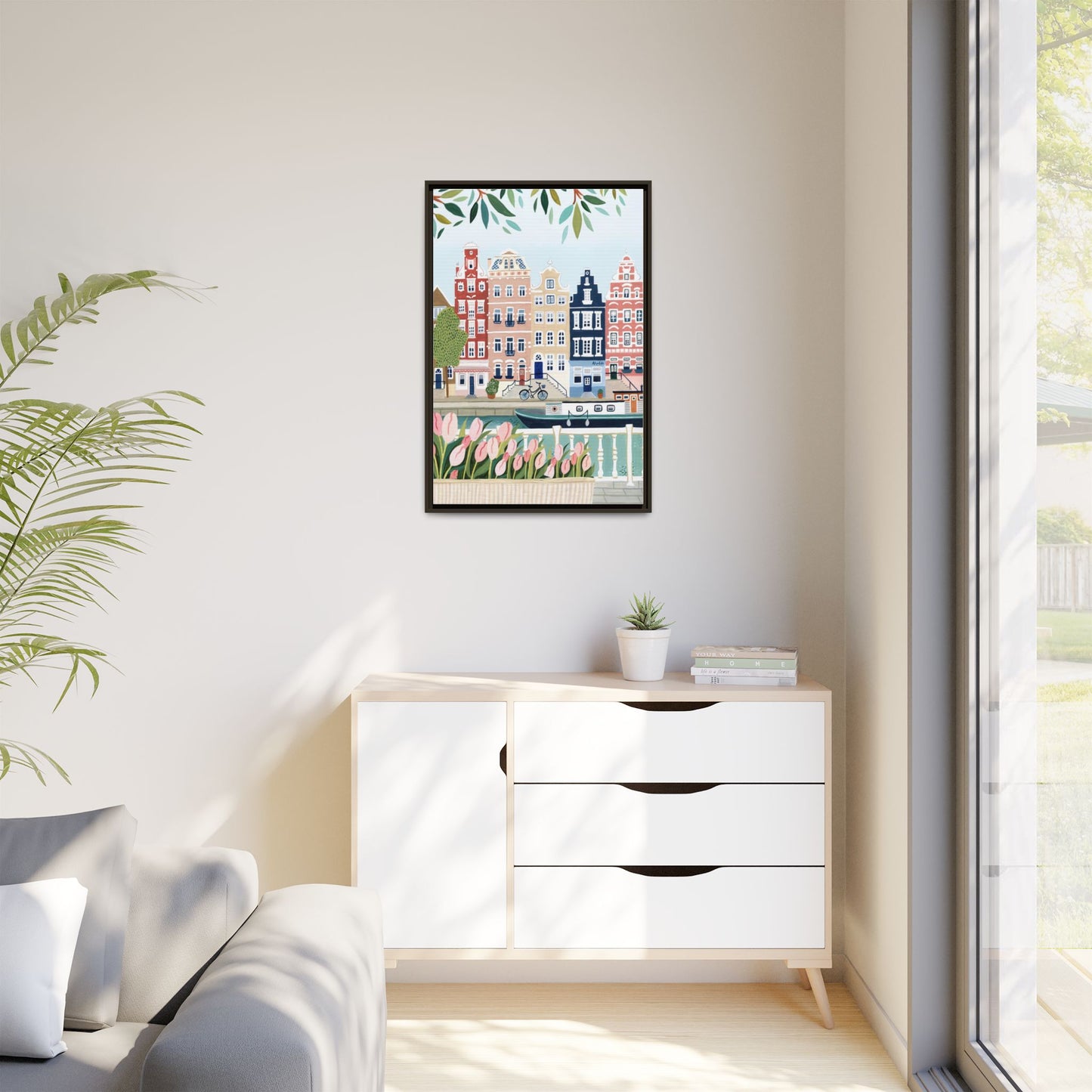 Amsterdam Framed Canvas Art, Colorful Cityscape, Vibrant Home Decor, Wall Art for Living Room, Housewarming Gift, Artistic Wall Decor, Floral Design