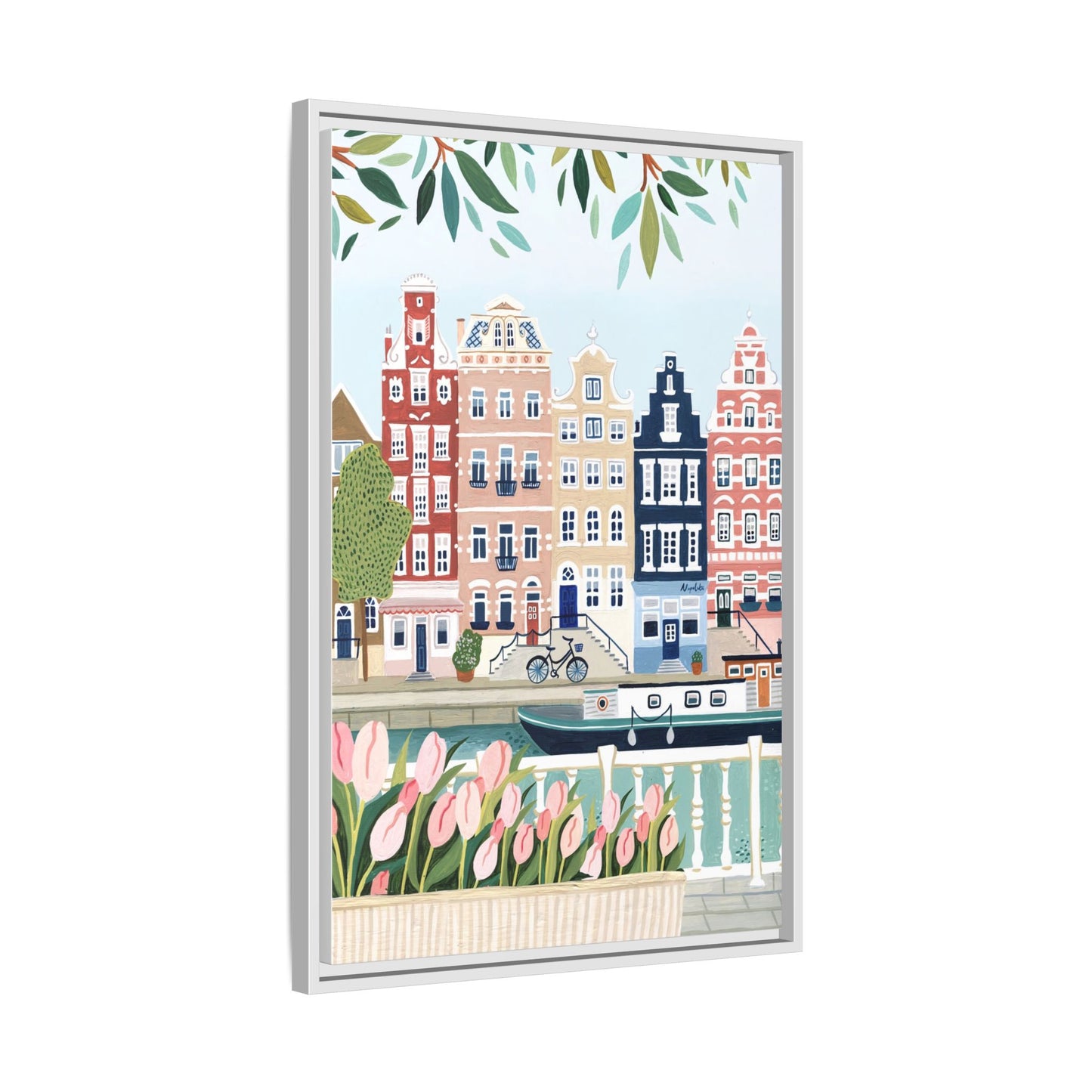 Amsterdam Framed Canvas Art, Colorful Cityscape, Vibrant Home Decor, Wall Art for Living Room, Housewarming Gift, Artistic Wall Decor, Floral Design