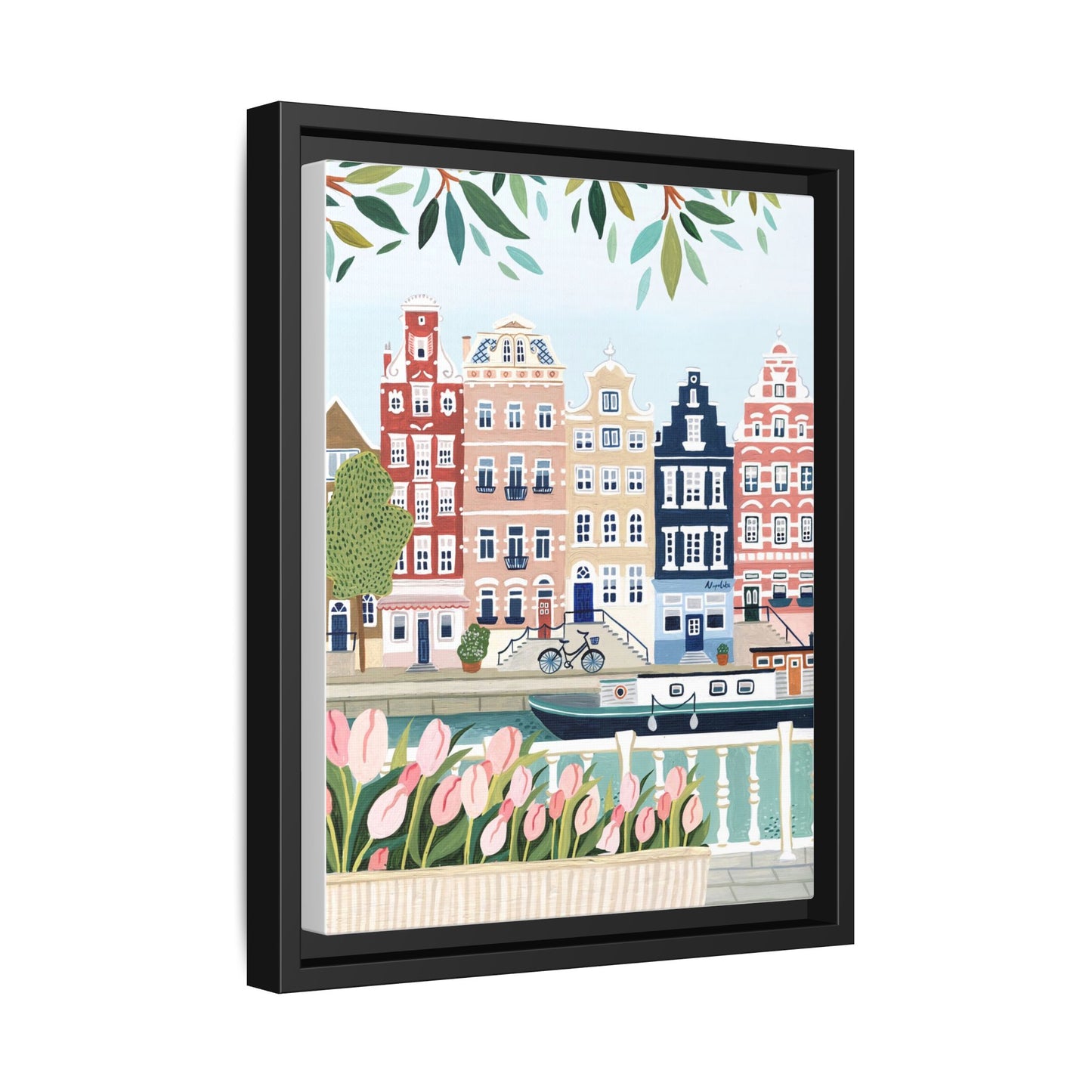 Amsterdam Framed Canvas Art, Colorful Cityscape, Vibrant Home Decor, Wall Art for Living Room, Housewarming Gift, Artistic Wall Decor, Floral Design