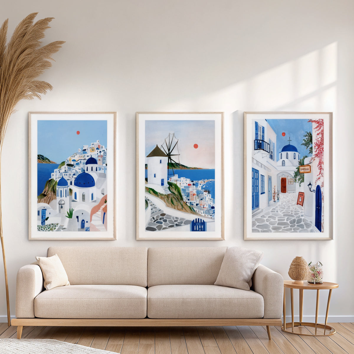 Greek Islands gallery wall set of 3 above a linen sofa in a bright living room