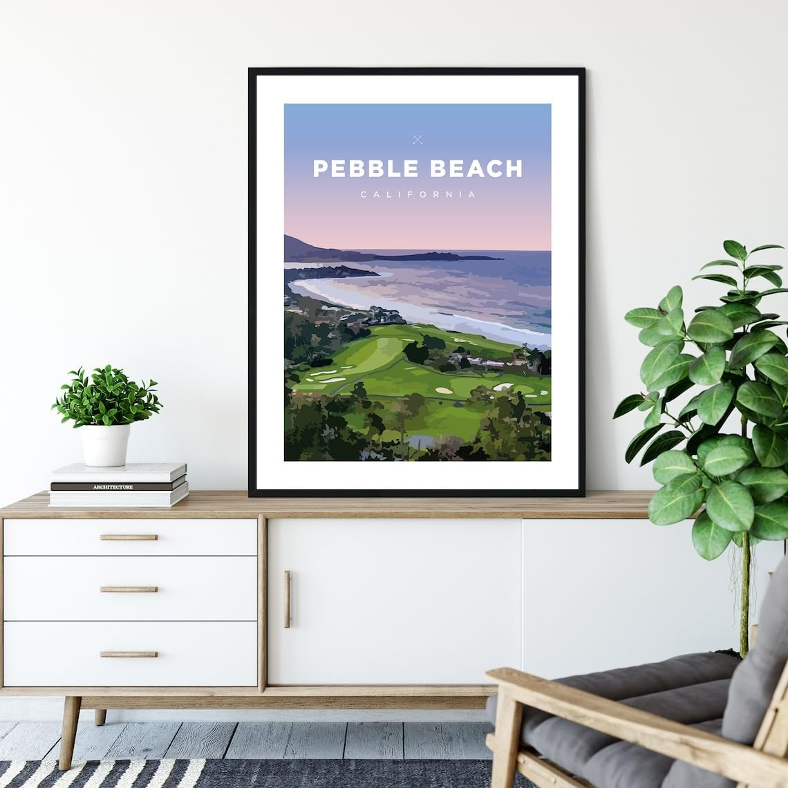 Pebble Beach print displayed in modern living room wall decor