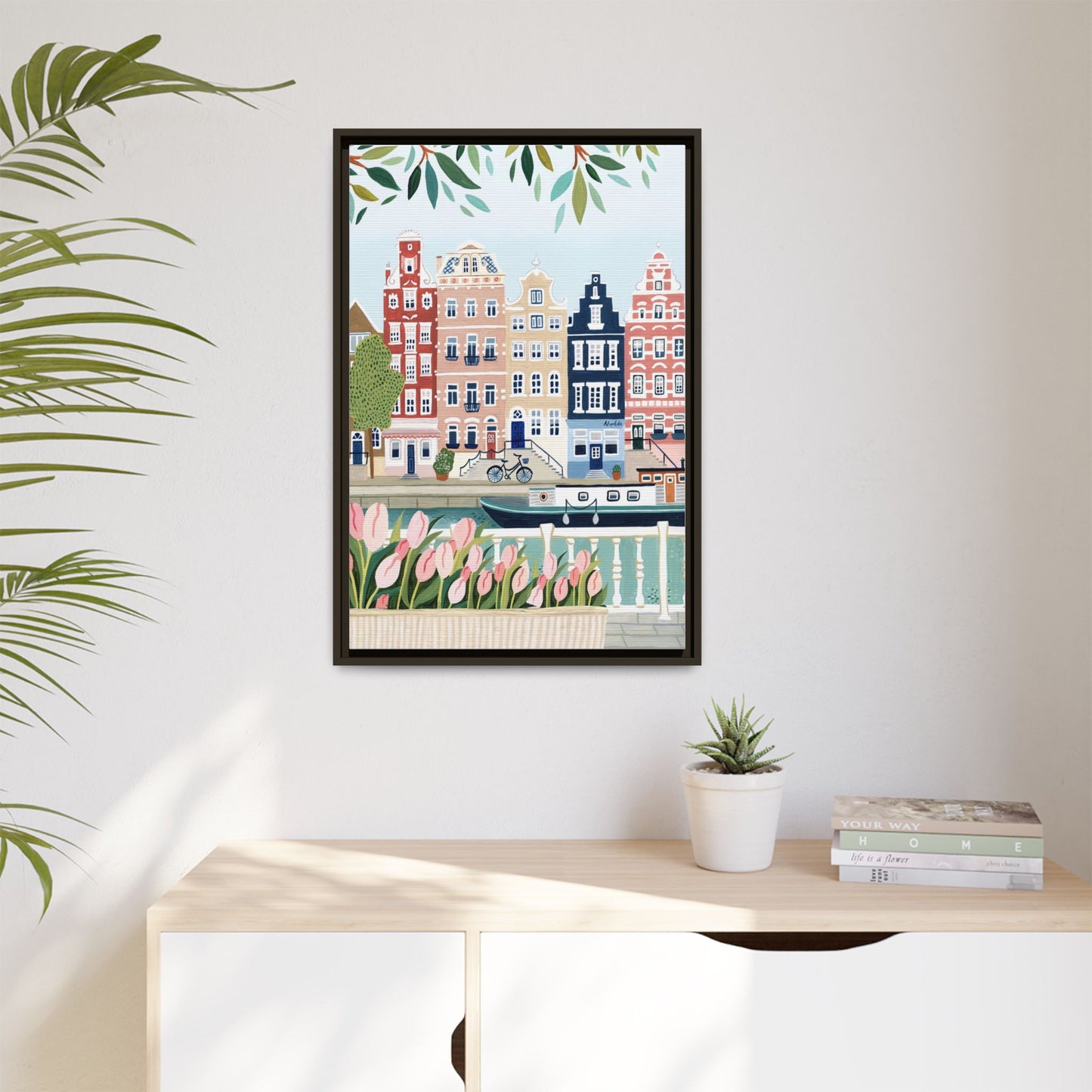 Amsterdam Framed Canvas Art, Colorful Cityscape, Vibrant Home Decor, Wall Art for Living Room, Housewarming Gift, Artistic Wall Decor, Floral Design