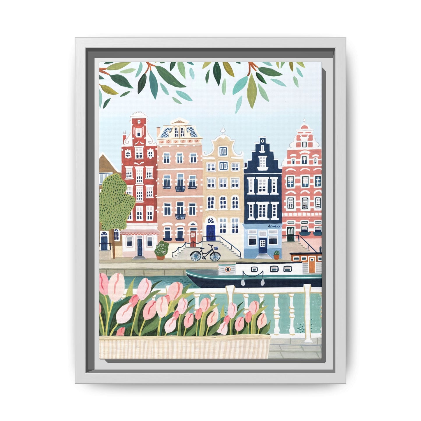 Amsterdam Framed Canvas Art, Colorful Cityscape, Vibrant Home Decor, Wall Art for Living Room, Housewarming Gift, Artistic Wall Decor, Floral Design