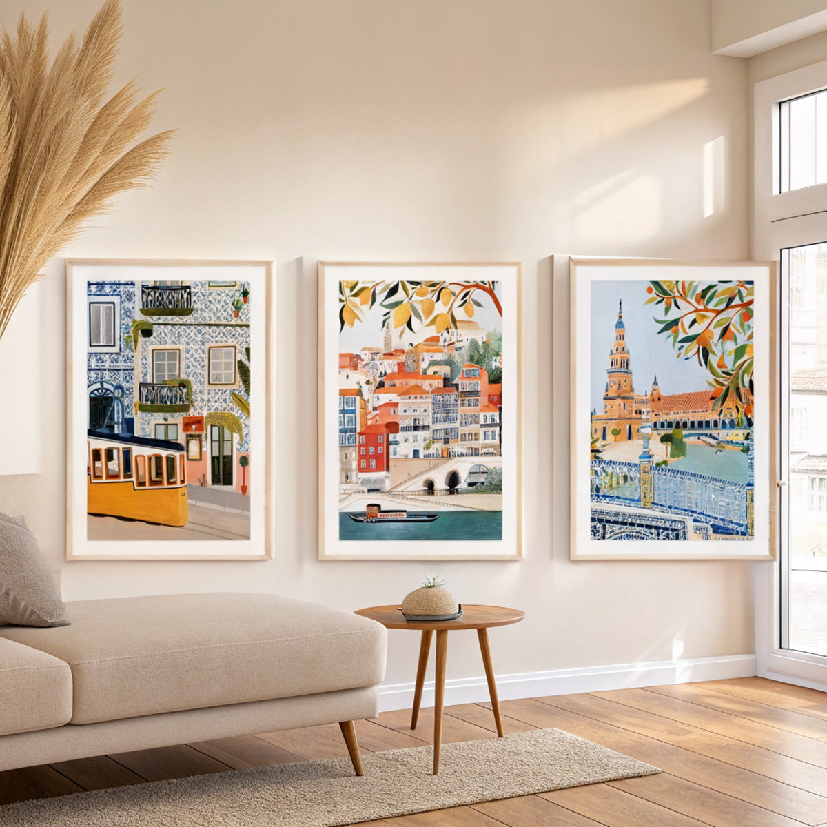Portugal and Spain gallery wall set of 3 above a sofa in a bright living room