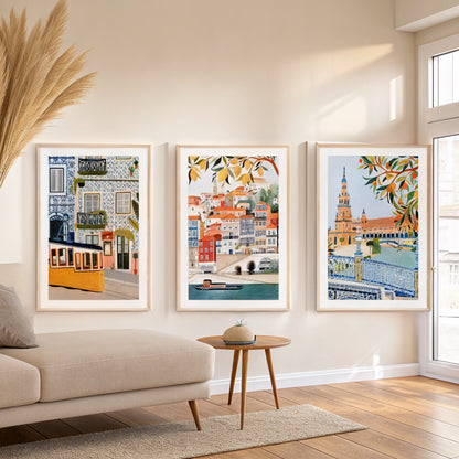 Portugal and Spain gallery wall set of 3 above a sofa in a bright living room