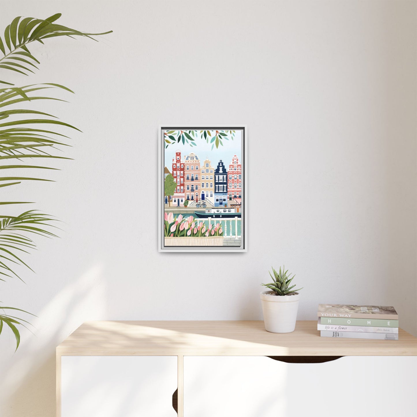 Amsterdam Framed Canvas Art, Colorful Cityscape, Vibrant Home Decor, Wall Art for Living Room, Housewarming Gift, Artistic Wall Decor, Floral Design