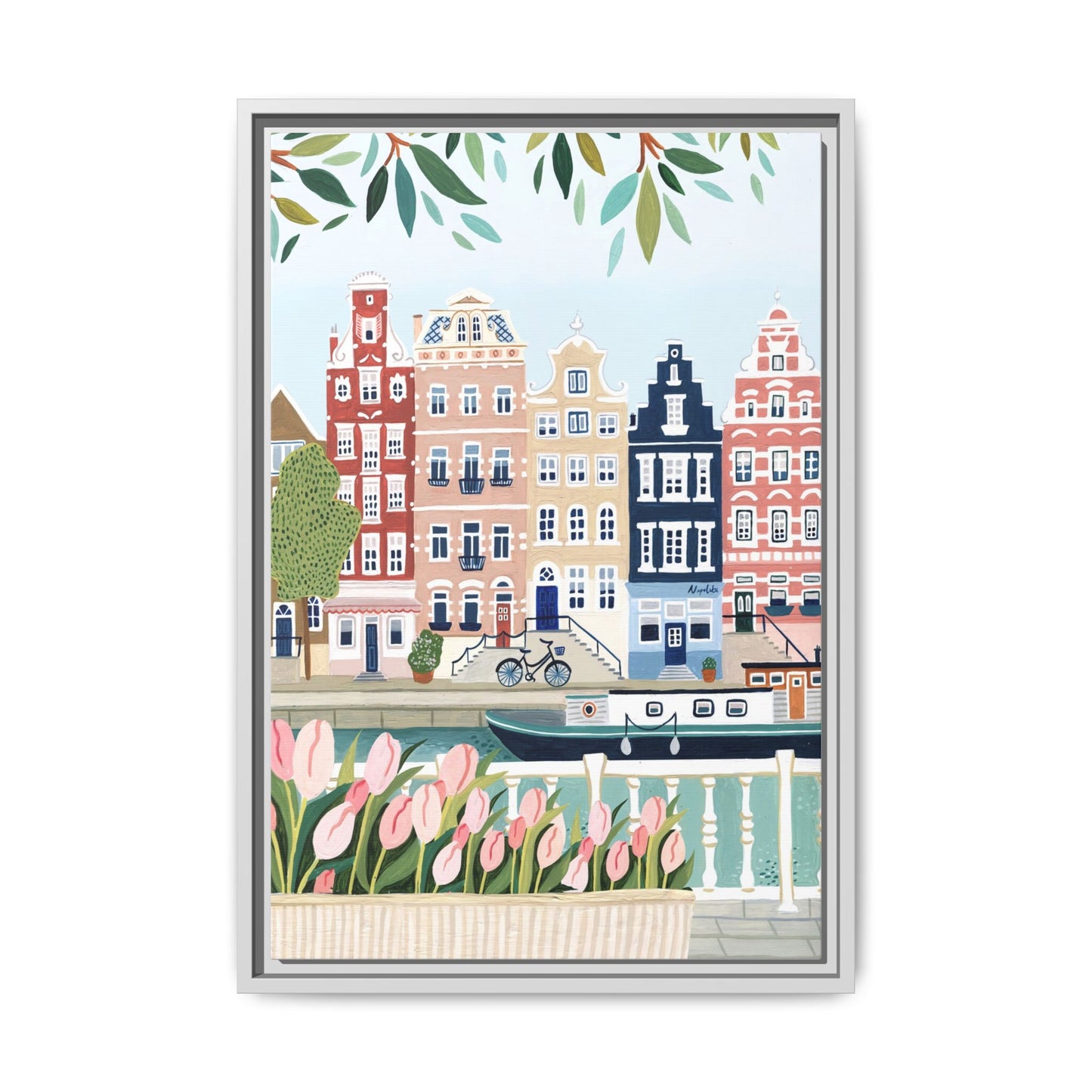 Amsterdam Framed Canvas Art, Colorful Cityscape, Vibrant Home Decor, Wall Art for Living Room, Housewarming Gift, Artistic Wall Decor, Floral Design