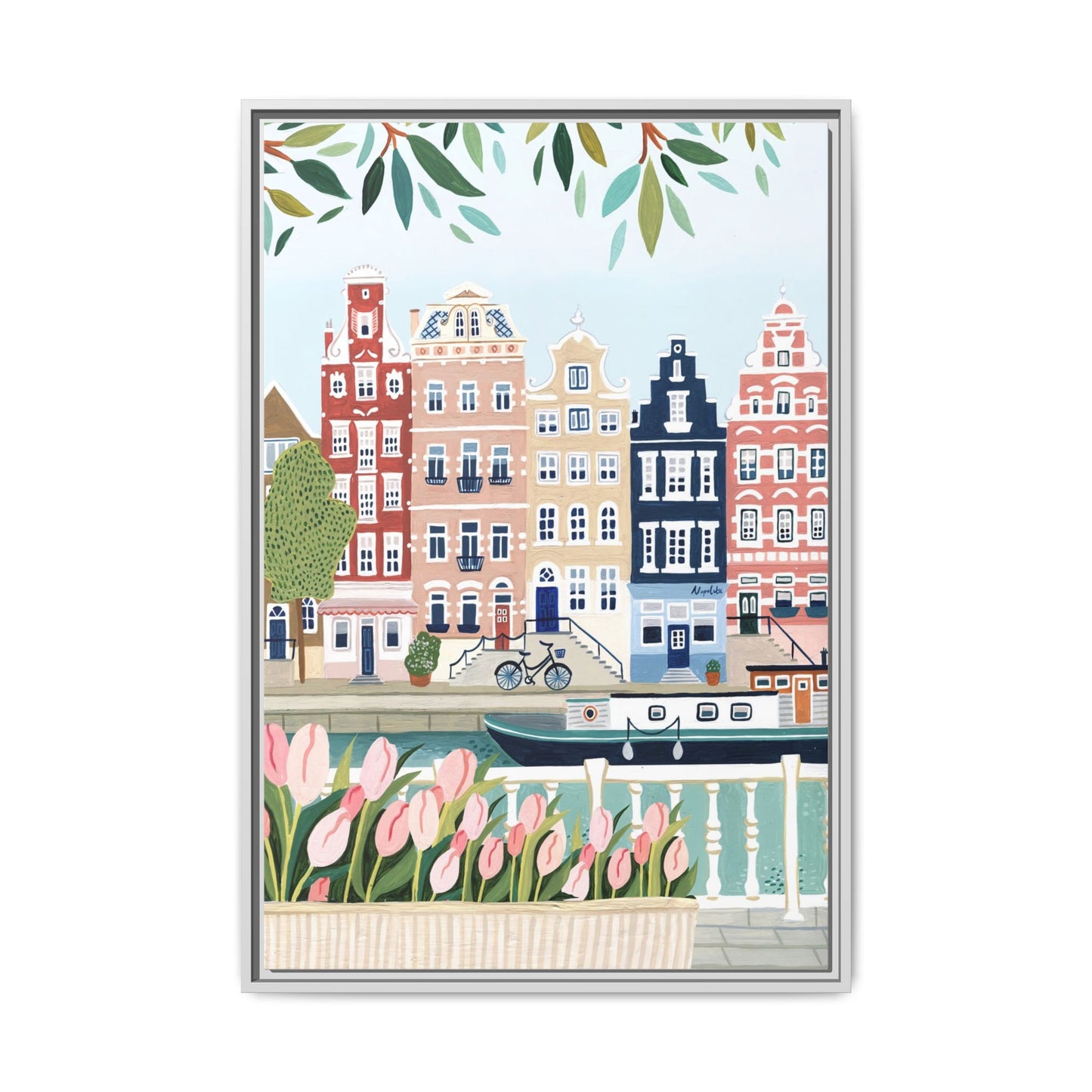 Amsterdam Framed Canvas Art, Colorful Cityscape, Vibrant Home Decor, Wall Art for Living Room, Housewarming Gift, Artistic Wall Decor, Floral Design